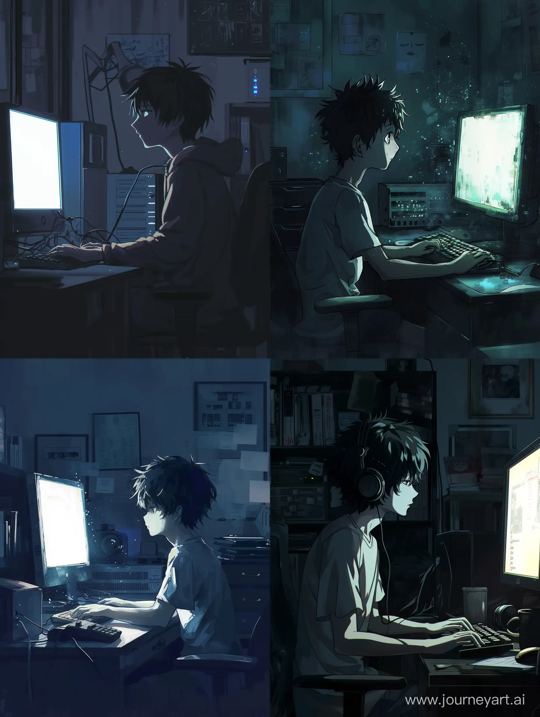 anime style, boy 16 years old and computer, dark room.