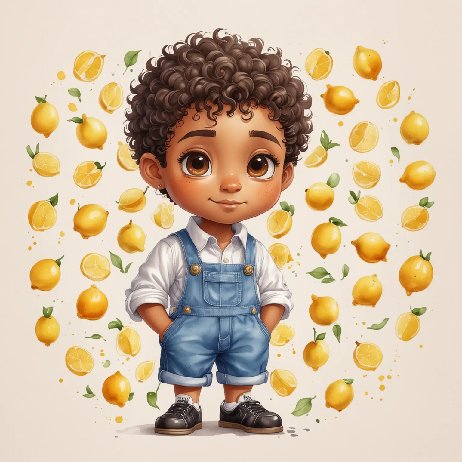 Create a watercolor illustration of a chibi cartoon dark skin hispanic male. He is wearing a white shirt and blue overalls with black shoes. Brown eyes. Extremely highly detailed brown short curly hair. White background with lemons