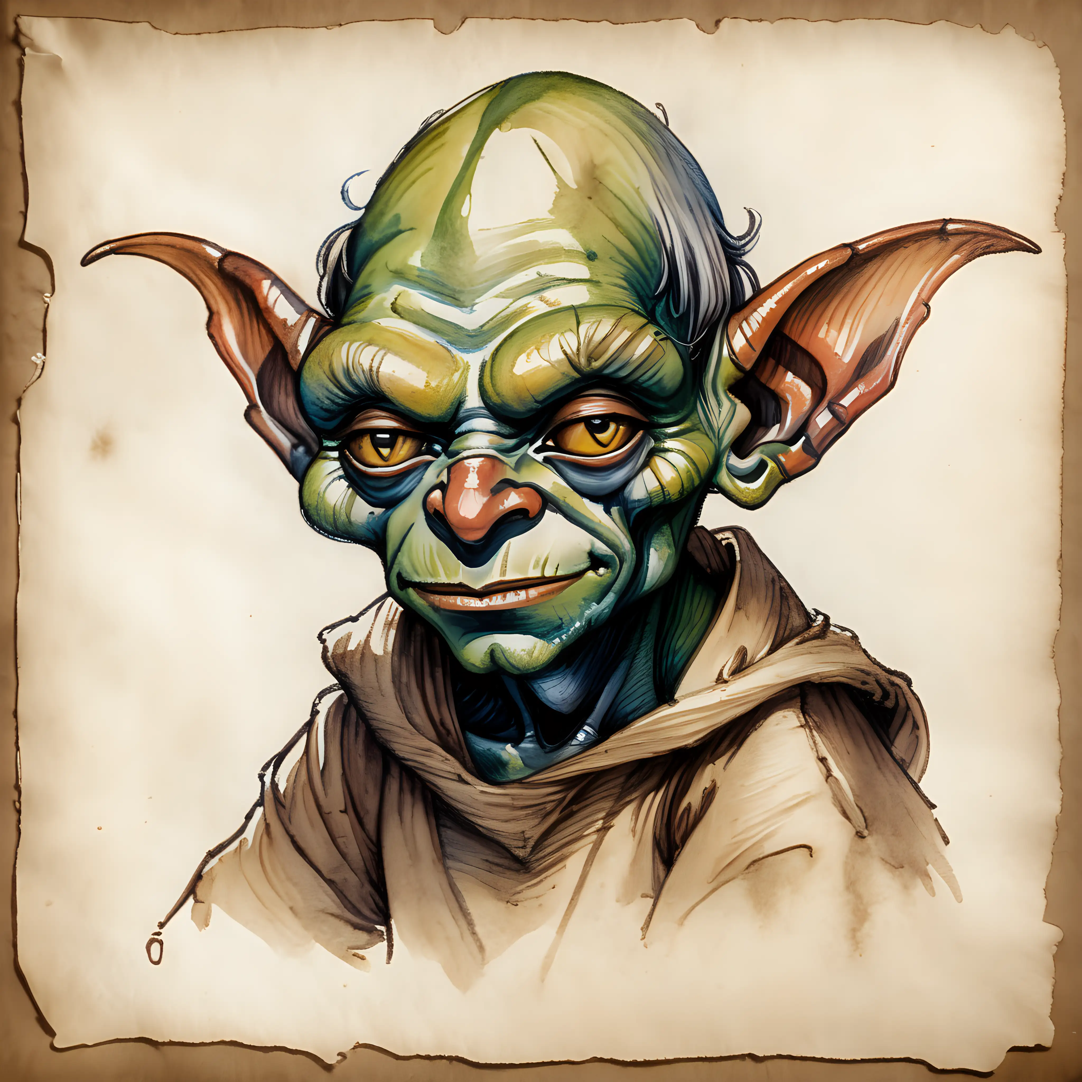 Dark Watercolor Sketch Goblin Portrait on Parchment