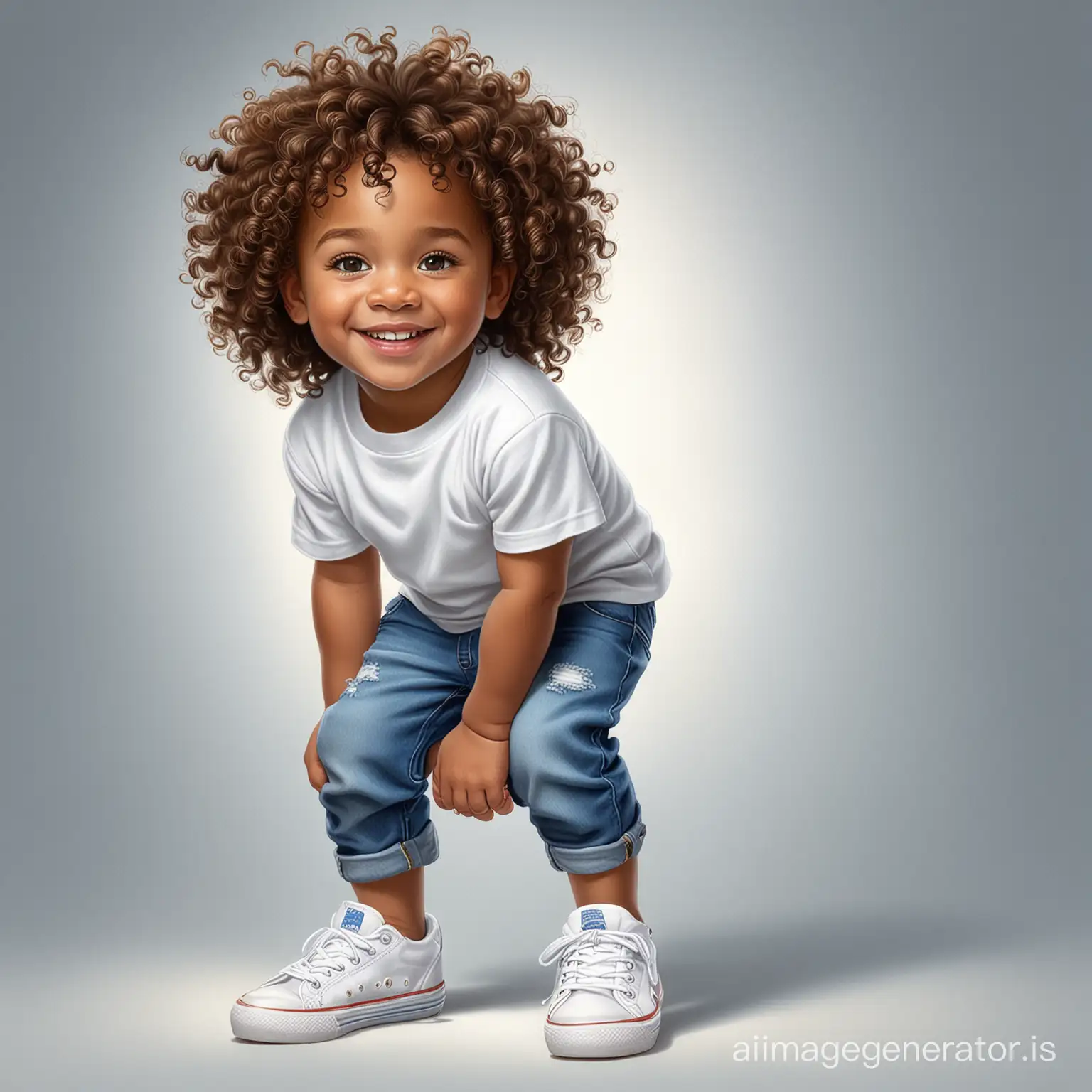 a digtial airbrush illustration african-american 3yr old little boy with silky curly hair and ligth brown eyes and a dimples wearing a white t- shirt and blue jeans and white sneakers