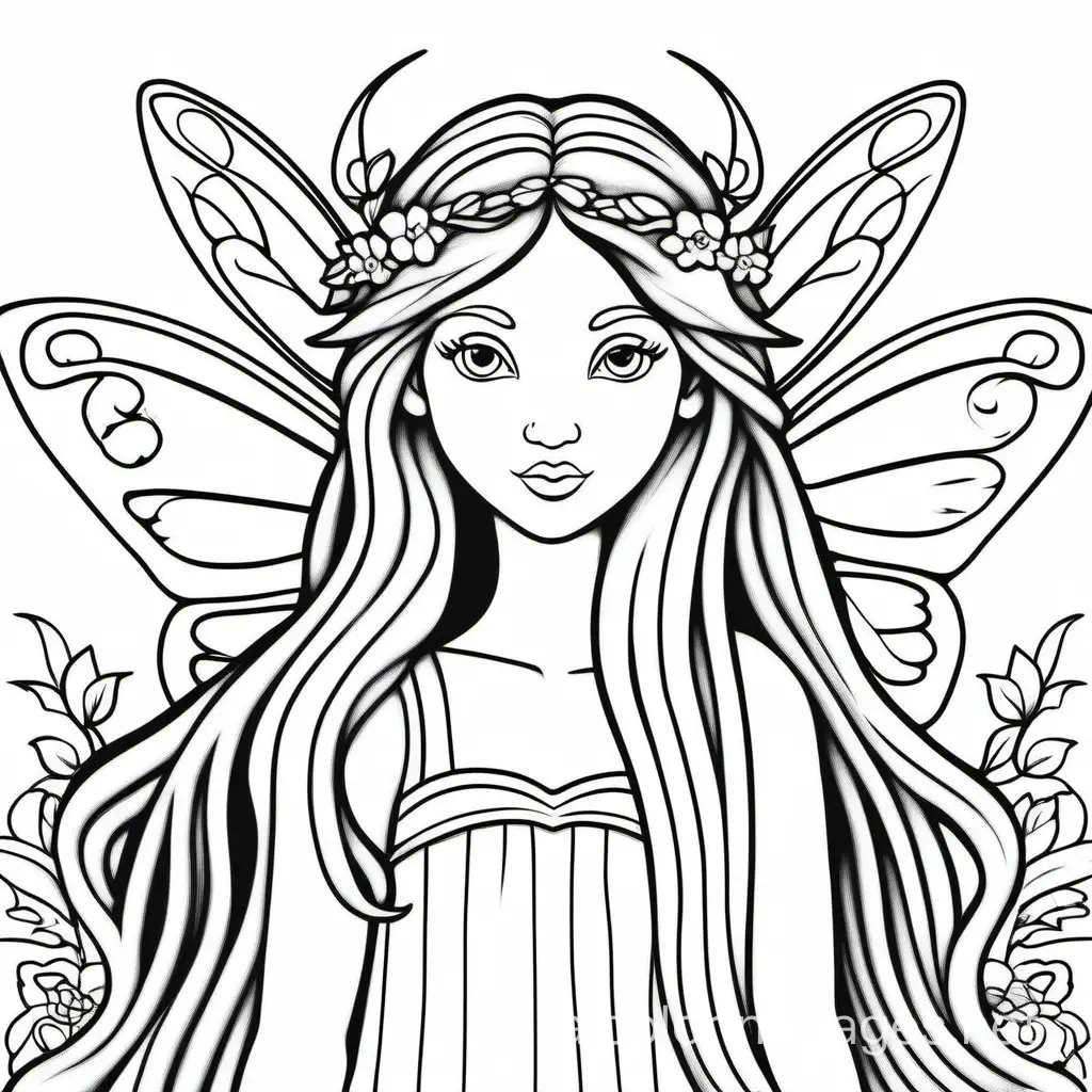 fairy with long hair

, Coloring Page, black and white, line art, white background, Simplicity, Ample White Space. The background of the coloring page is plain white to make it easy for young children to color within the lines. The outlines of all the subjects are easy to distinguish, making it simple for kids to color without too much difficulty