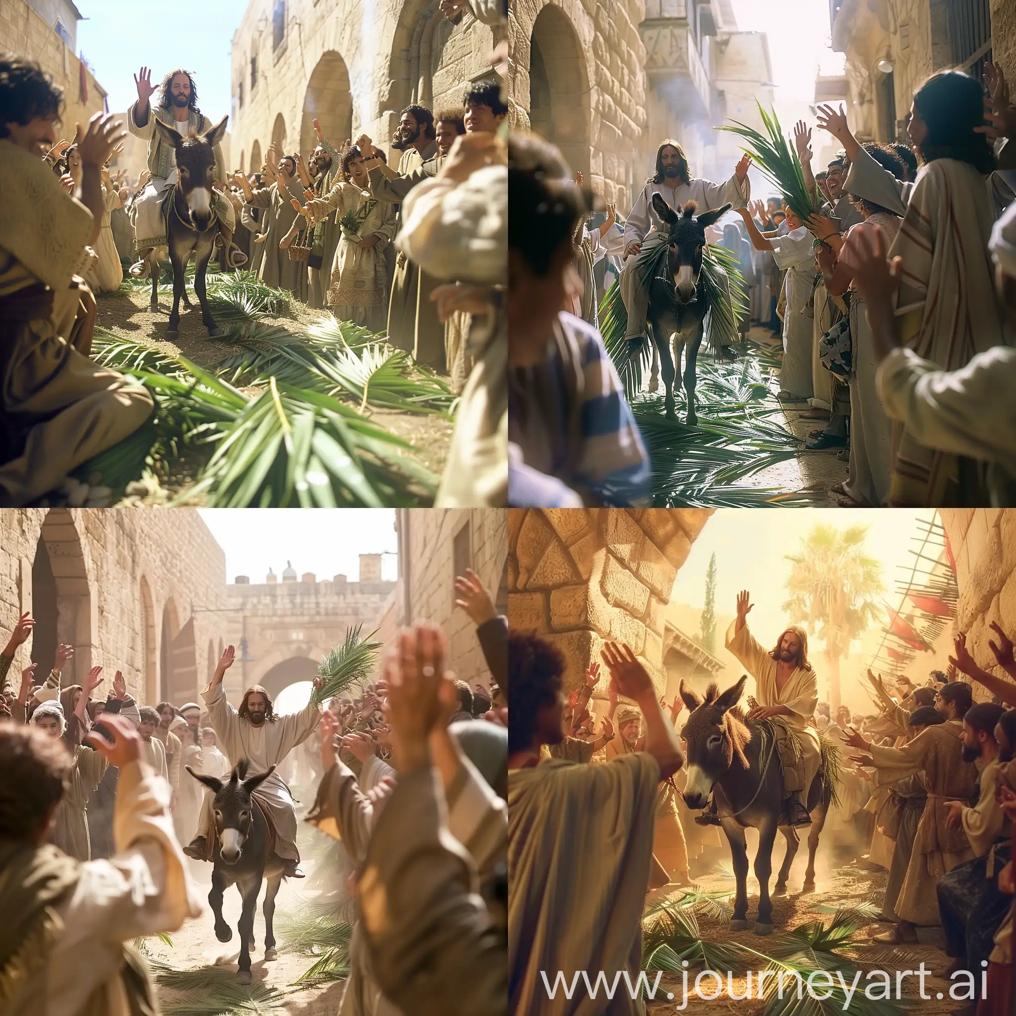 As Jesus sits on q donkey and enters Jerusalem, people wave and lay palm leaves on the ground to welcome him, midevil times, olden times, sunny day, crowds cheering and happy,
