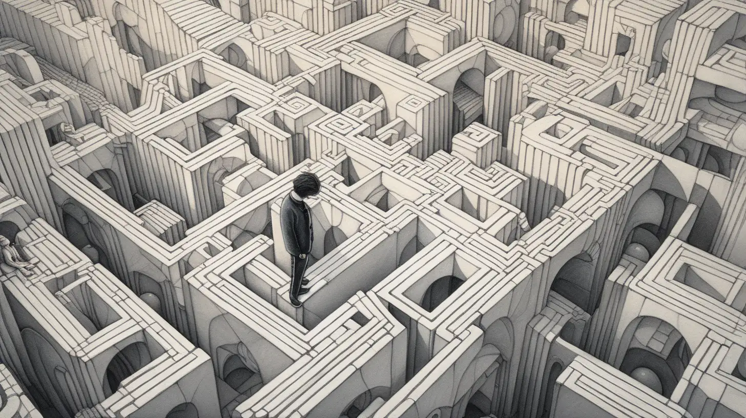Dreaming in Cubes: Illustrate a dreamer surrounded by geometric shapes and angular forms, their mind depicted as a labyrinth of intersecting lines and planes.