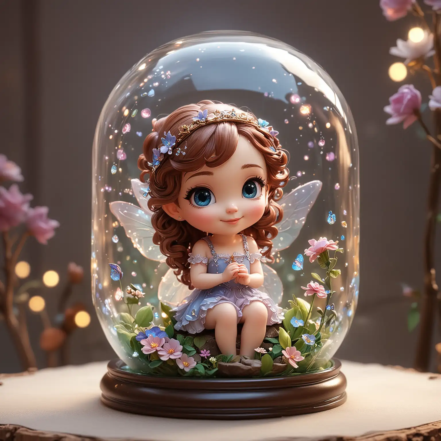 Create an enchanting fairy, chibi, things in glass, and girly portrait. High Quality, HD,no background, Thomas Kinkade Style.