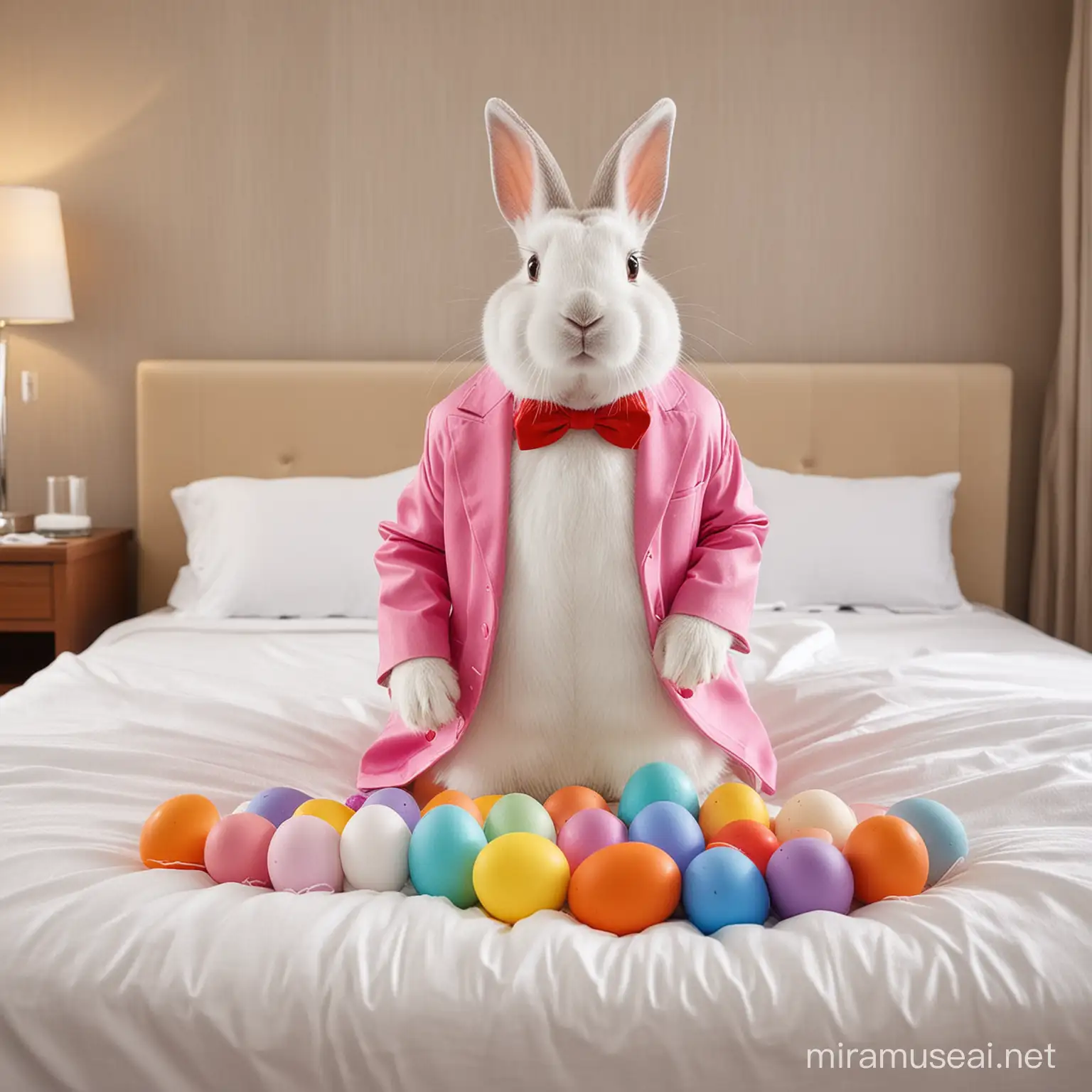Easter Bunny Arranging Colorful Eggs in Hotel Suite