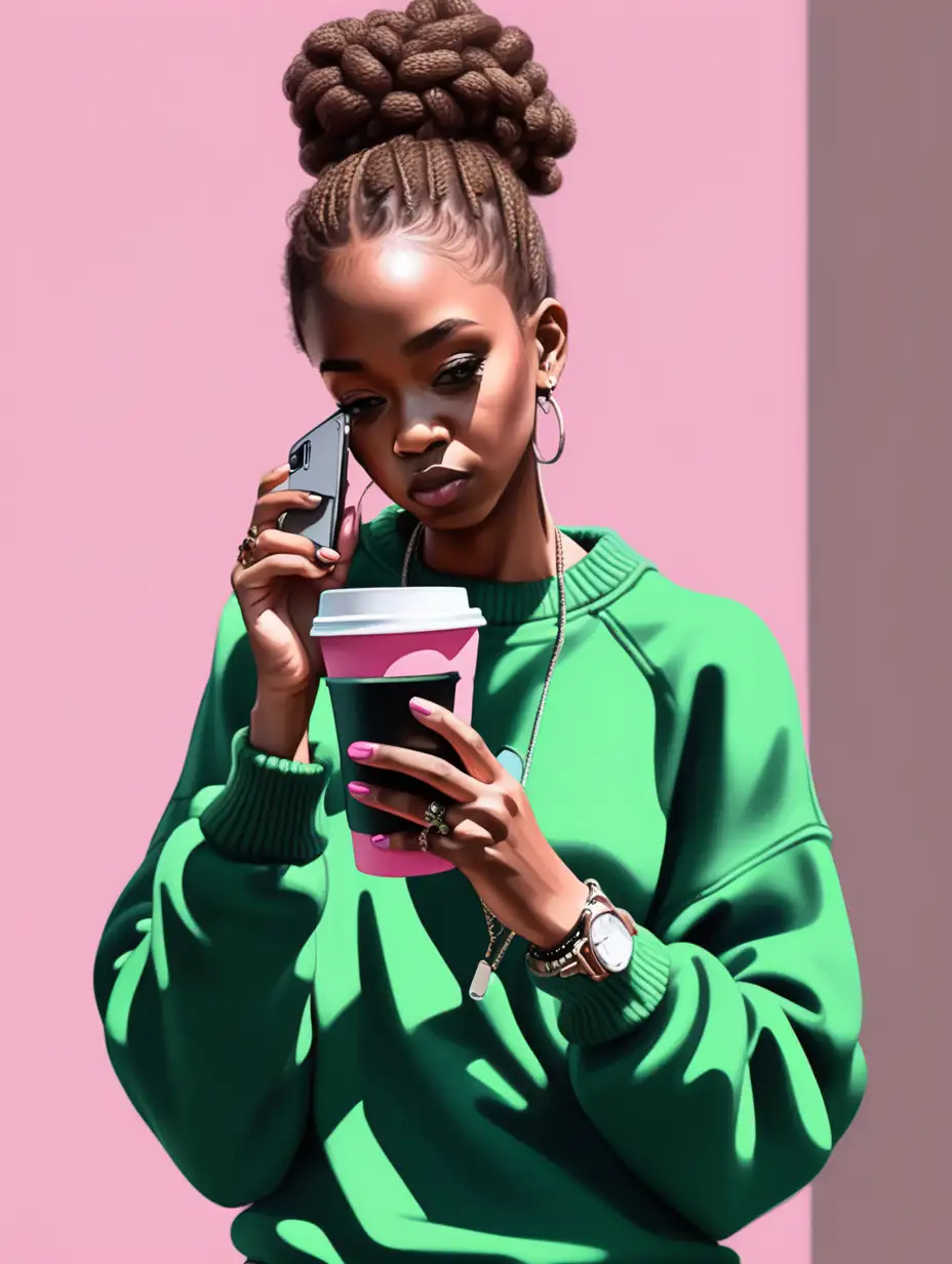 **a girl in a green sweater is holding a cell phone and drinking coffee, in the style of dark bronze and pink, african influence, sketchfab, candid portraiture, applecore, socially minded, hip-hop 