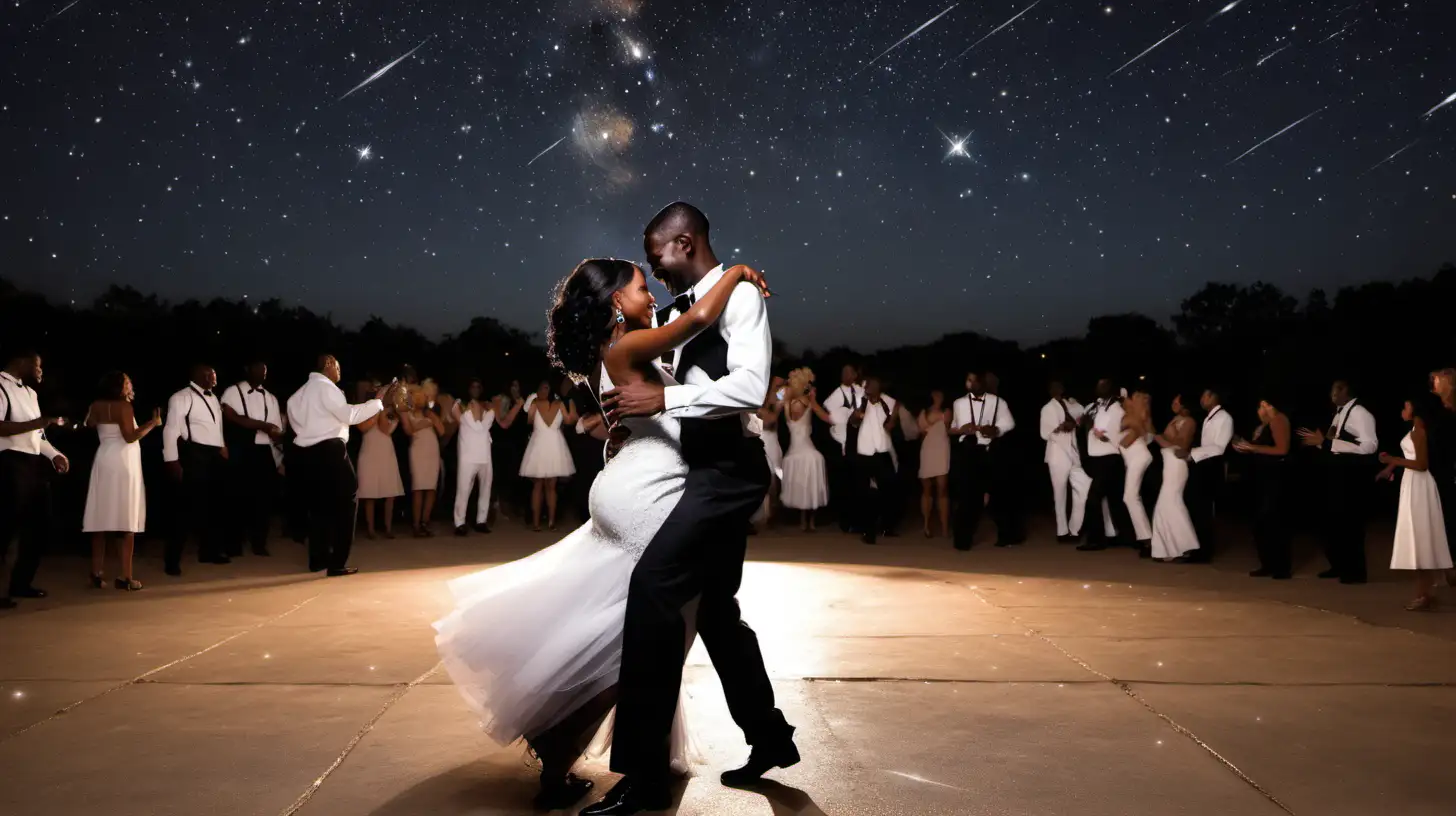 Black newly weds dancing underneath stars 
