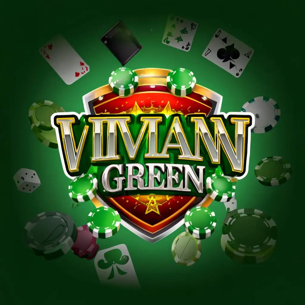 a logo design,with the text "Vivian 
Green
", main symbol:shield with casino items,complex,clear background