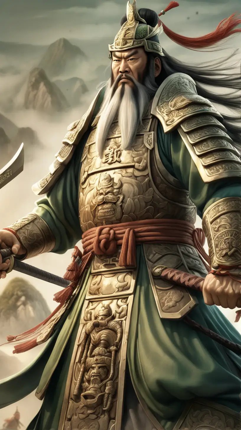 Majestic Depiction of Guan Yu Legendary Chinese General Wielding His Glaive in Cinematic Grandeur