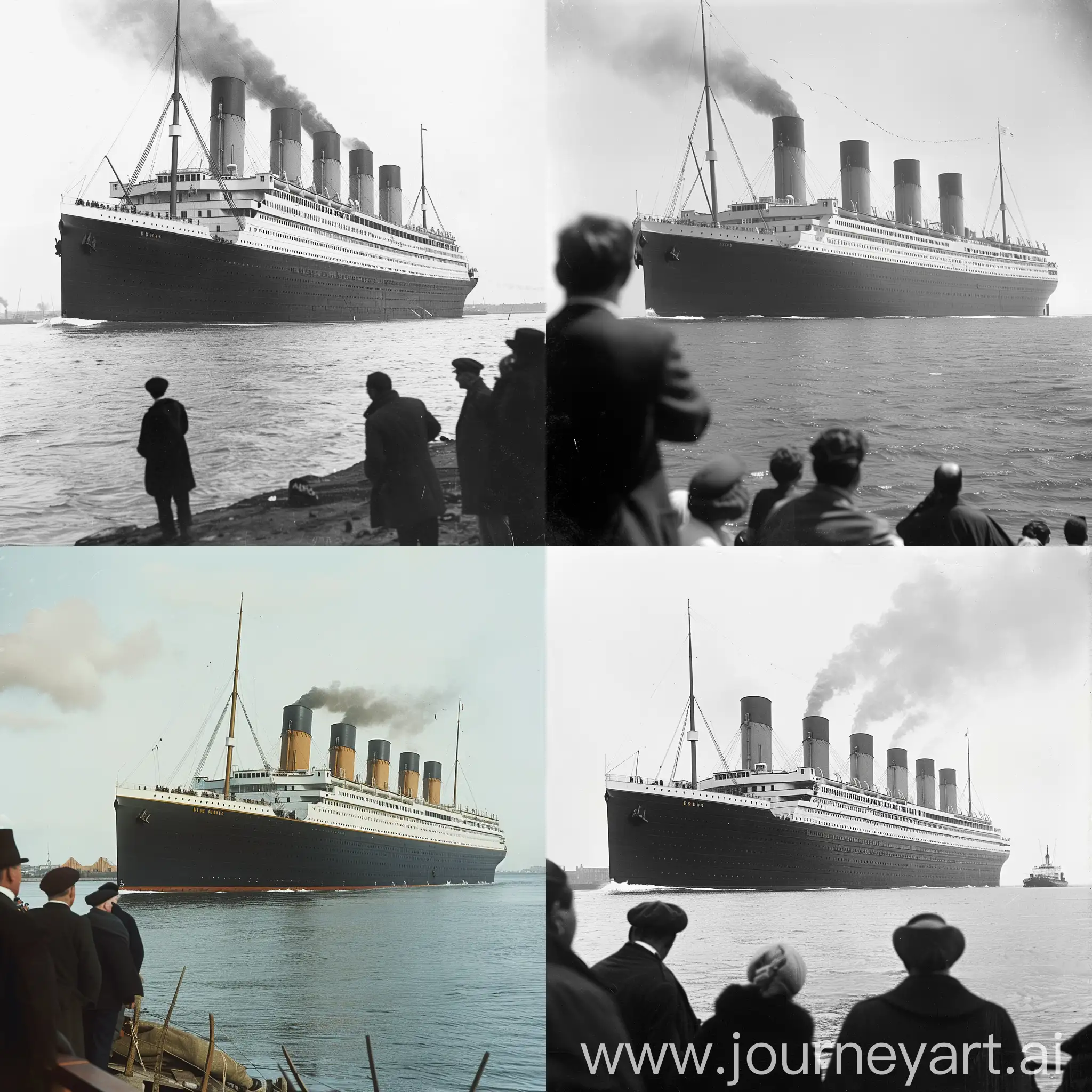 The British liner RMS Titanic, leaving southampton on its maiden voyage, a few people watching, clean day time sky, photograph, side view, profile pic of the ship, the ship only has four funnels.
