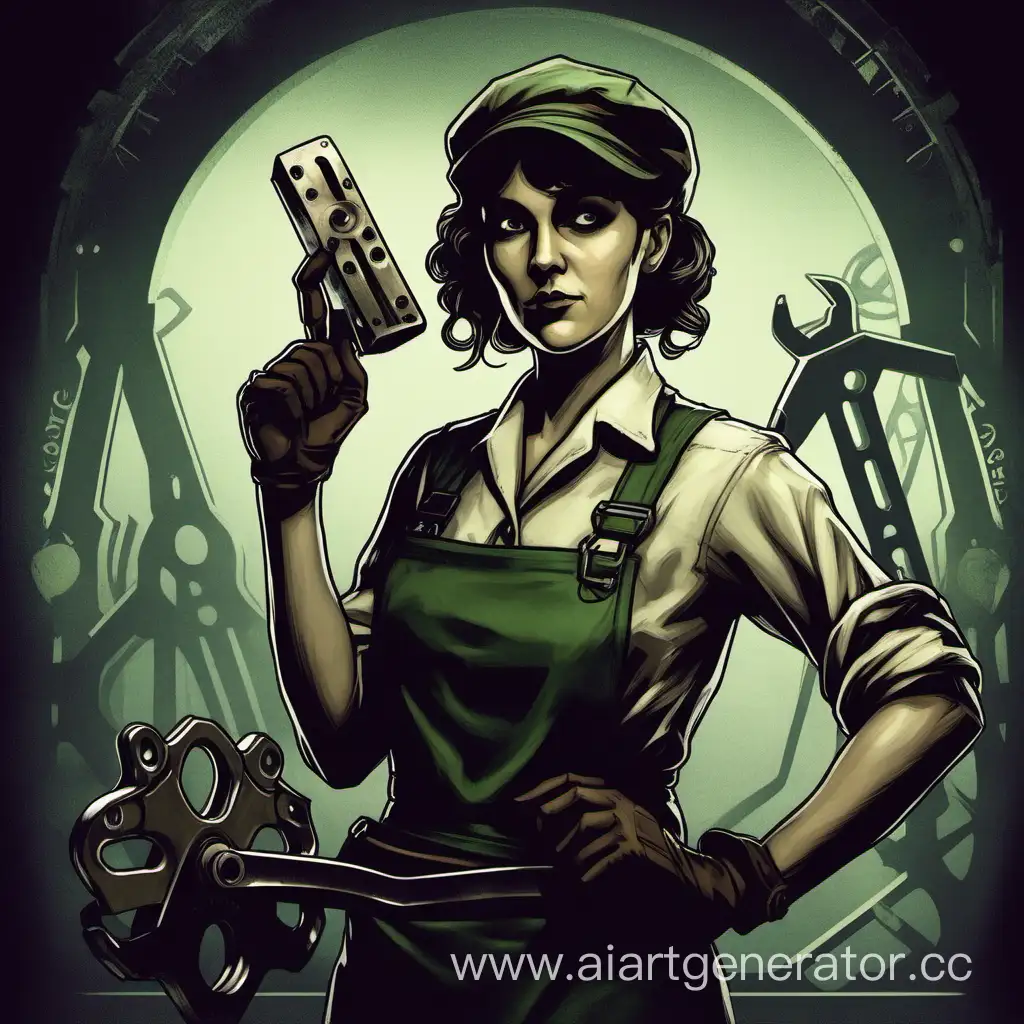 1920, female character, portrait, photography, call of cthulhu, mechanic, wrench in hand