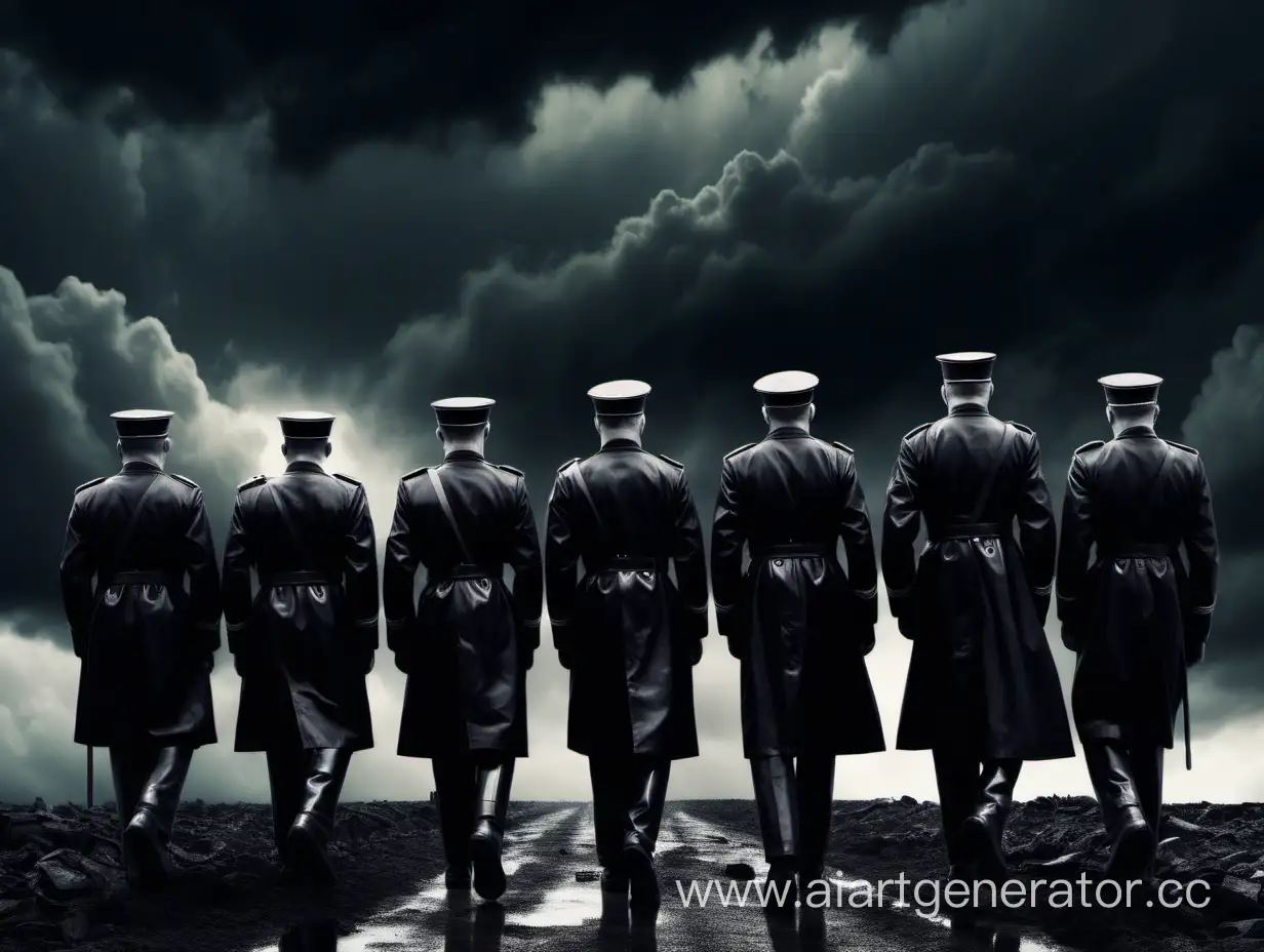 Dark figures of people in black military uniforms of the mid-20th century against a stormy sky, in the sky it is written Ein Verräter unter uns