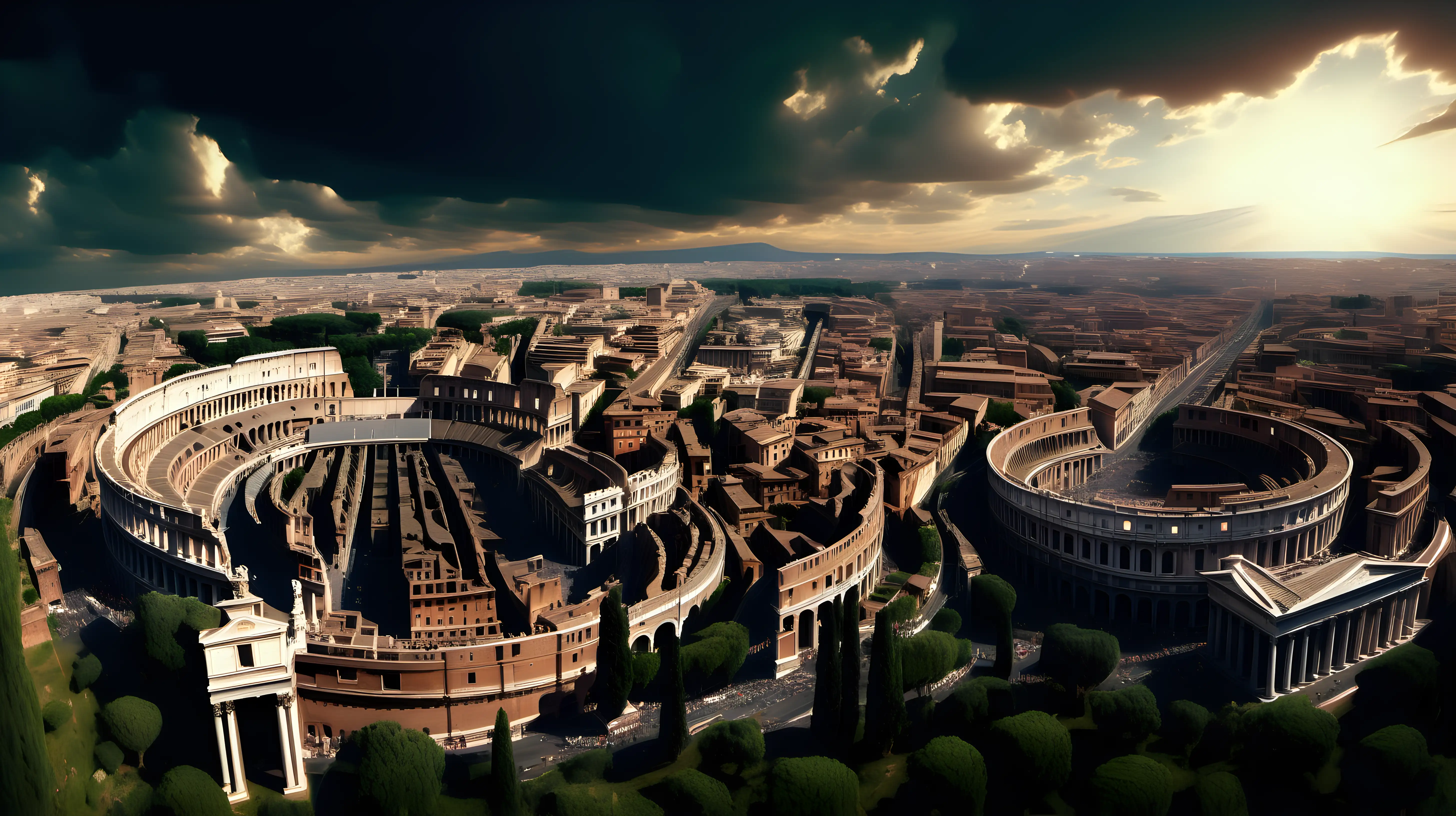 Glorious Aerial Panorama of Futuristic Ancient Rome in Thomas Cole Style