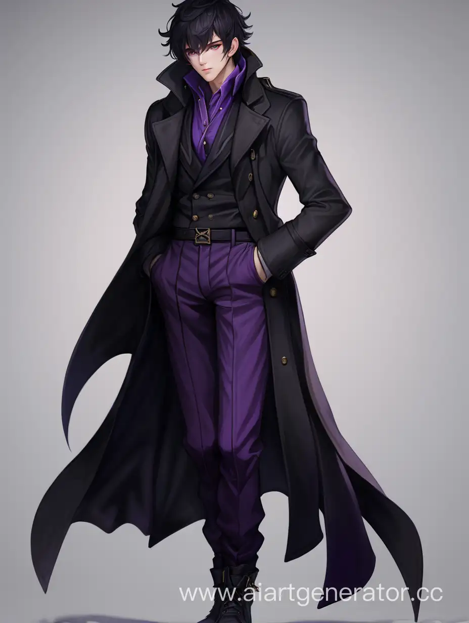 guy with black short disheveled
 hair, purple eyes, a black long coat, trousers, boots of an adventurer