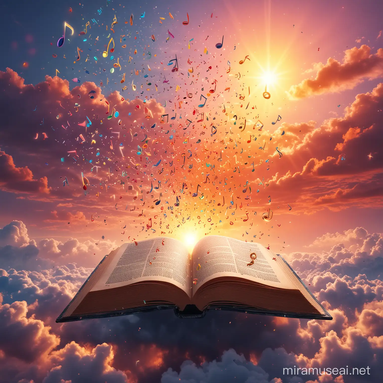 colorful Sunrise with musical notes floating all around the sky coming out of a magical book

