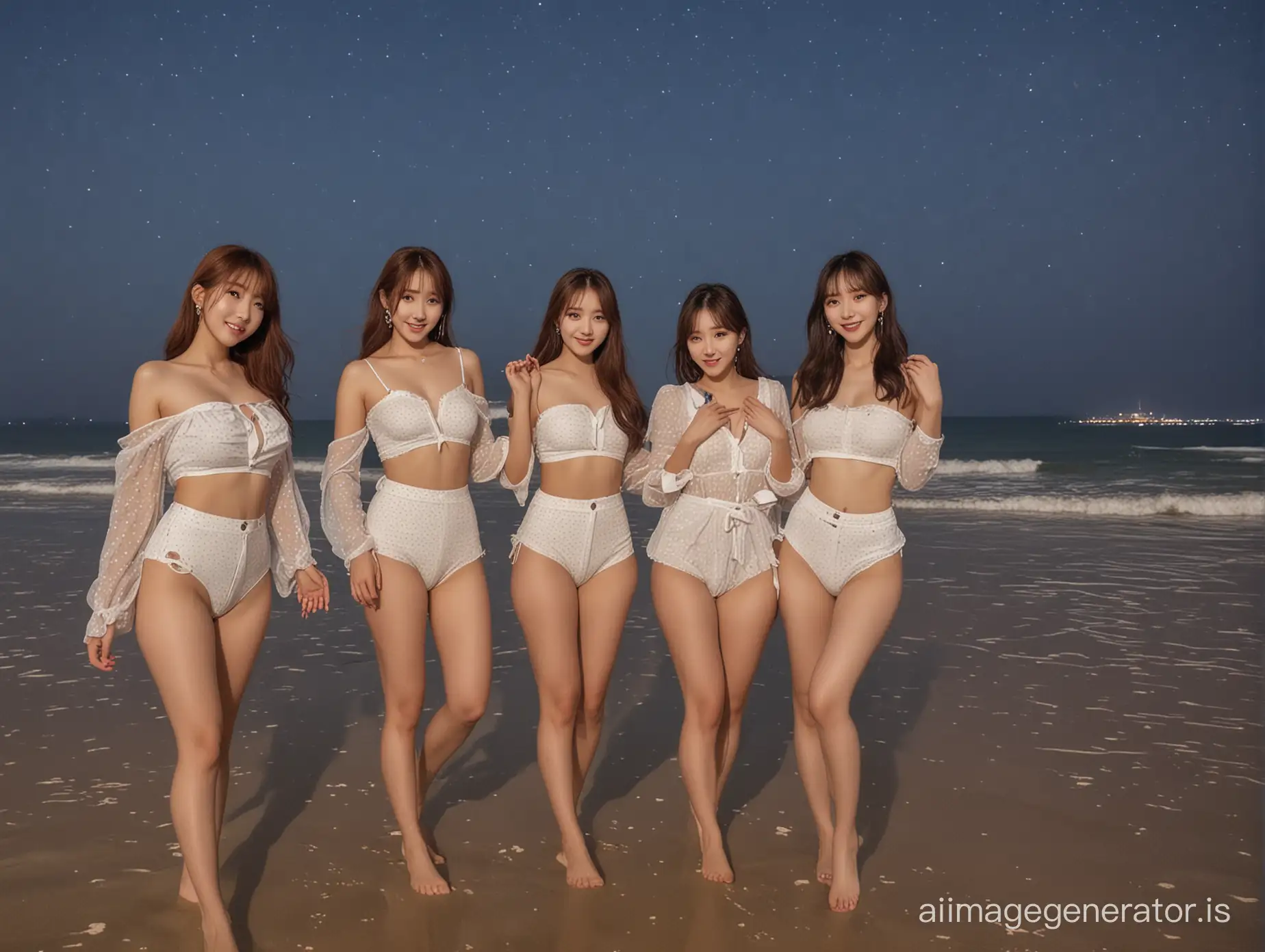 5 Korean Girls, Attractive, Sexy,  starry night sky, starry night sky, sandy beach, sea