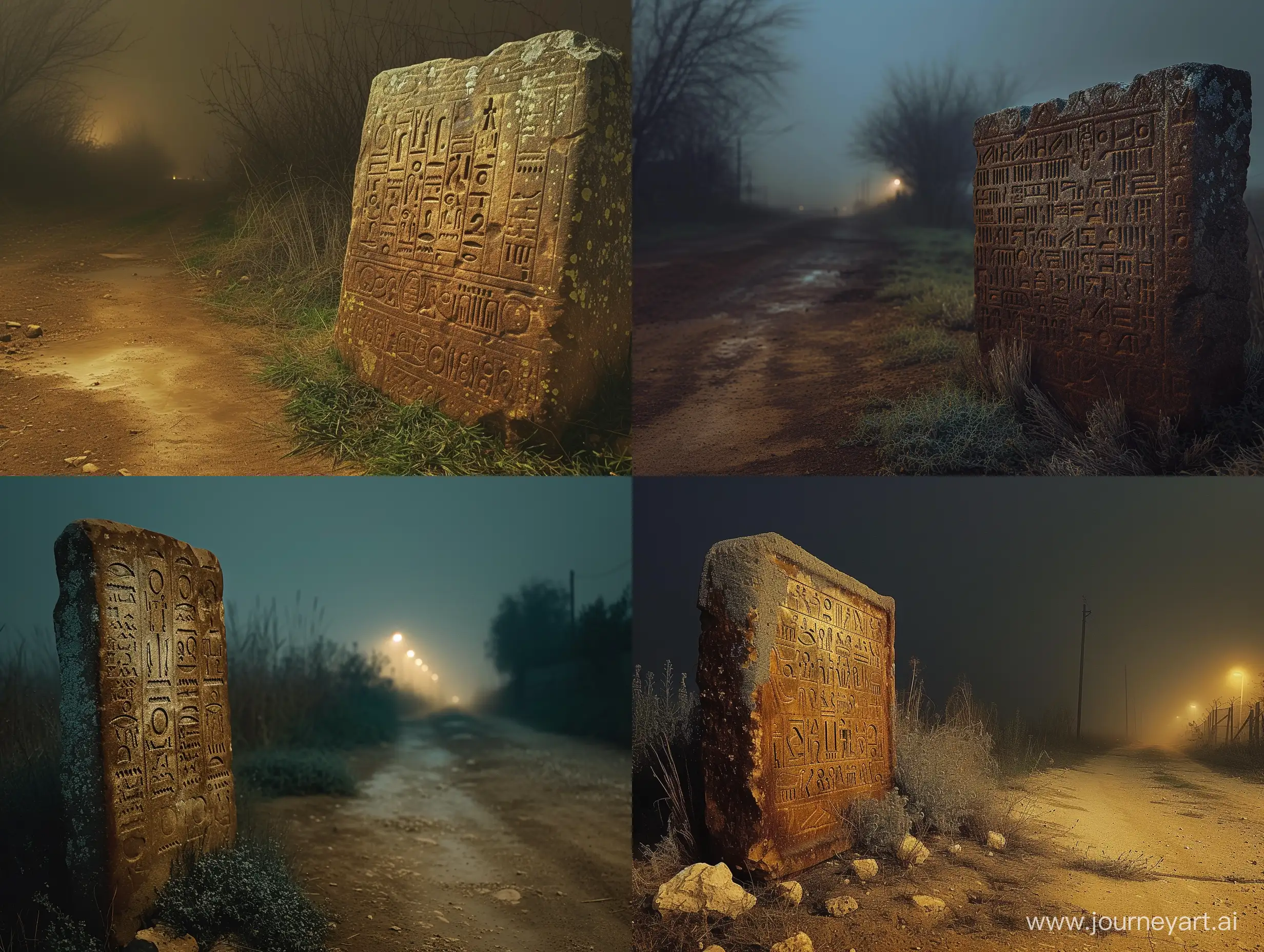 A stone with a cuneiform inscription on it at the next to the dirt road entering the city,rusted,algae,foggy,night,Cuneiform letters,aincient,highly detailed,with intricate carving,night light,historic.