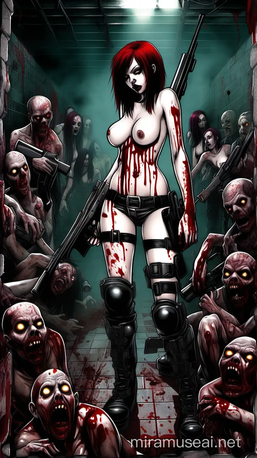 A voluptuous emo girl completely nude with pale skin, black and red hair and large breasts wielding a shotgun in a dungeon filled with zombies with the floor covered in blood.