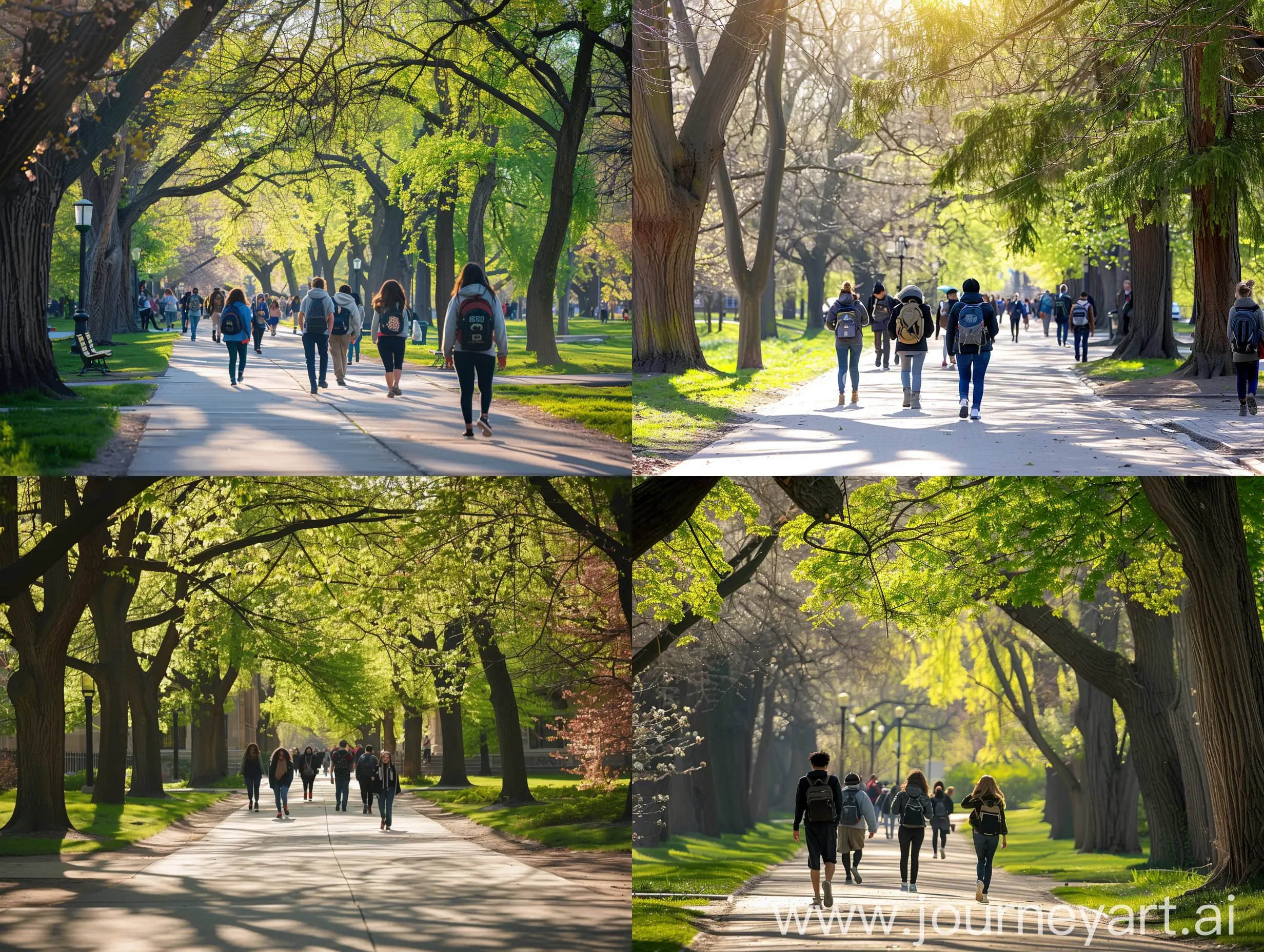 大学校园，春天， 林荫道，一群学生正在走来，阳光透过树木斜照，中午