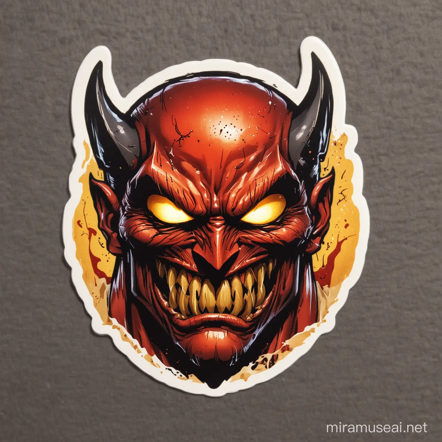 a sticker of Batman with a demon face and fangs, red skin, yellow dark eyes