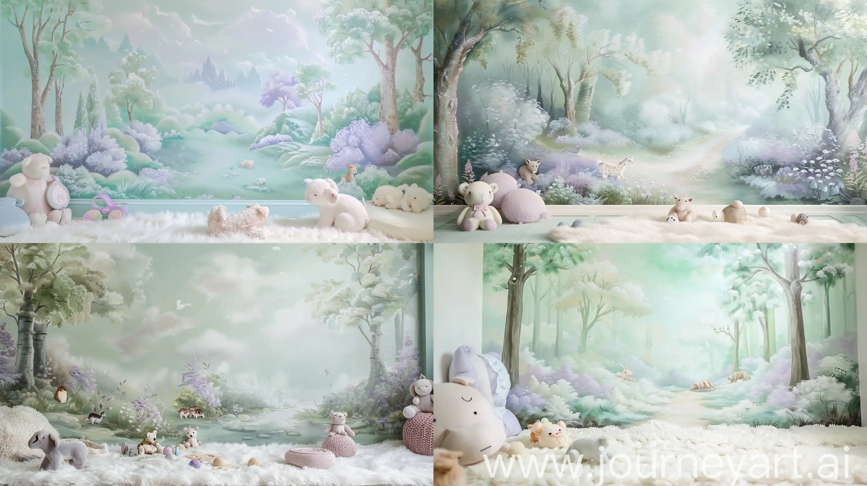 nursery room filled with soft pastel hues of mint green and lavender. Imagine a hand-painted mural of a magical forest scene on the wall, with plush animal toys scattered across a fluffy white rug. --ar 16:9