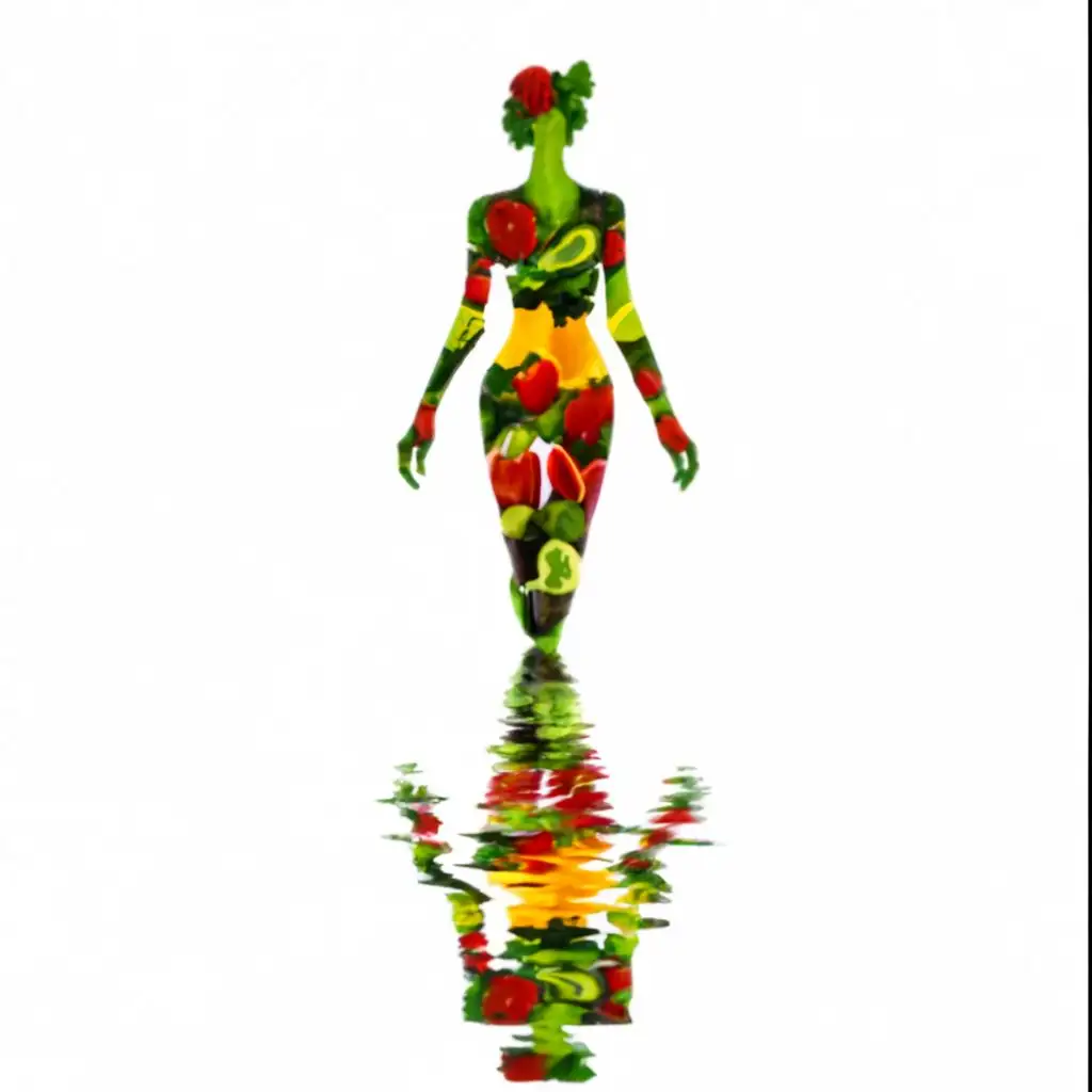 silhouette of a slender girl made of fruits and vegetables with reflection