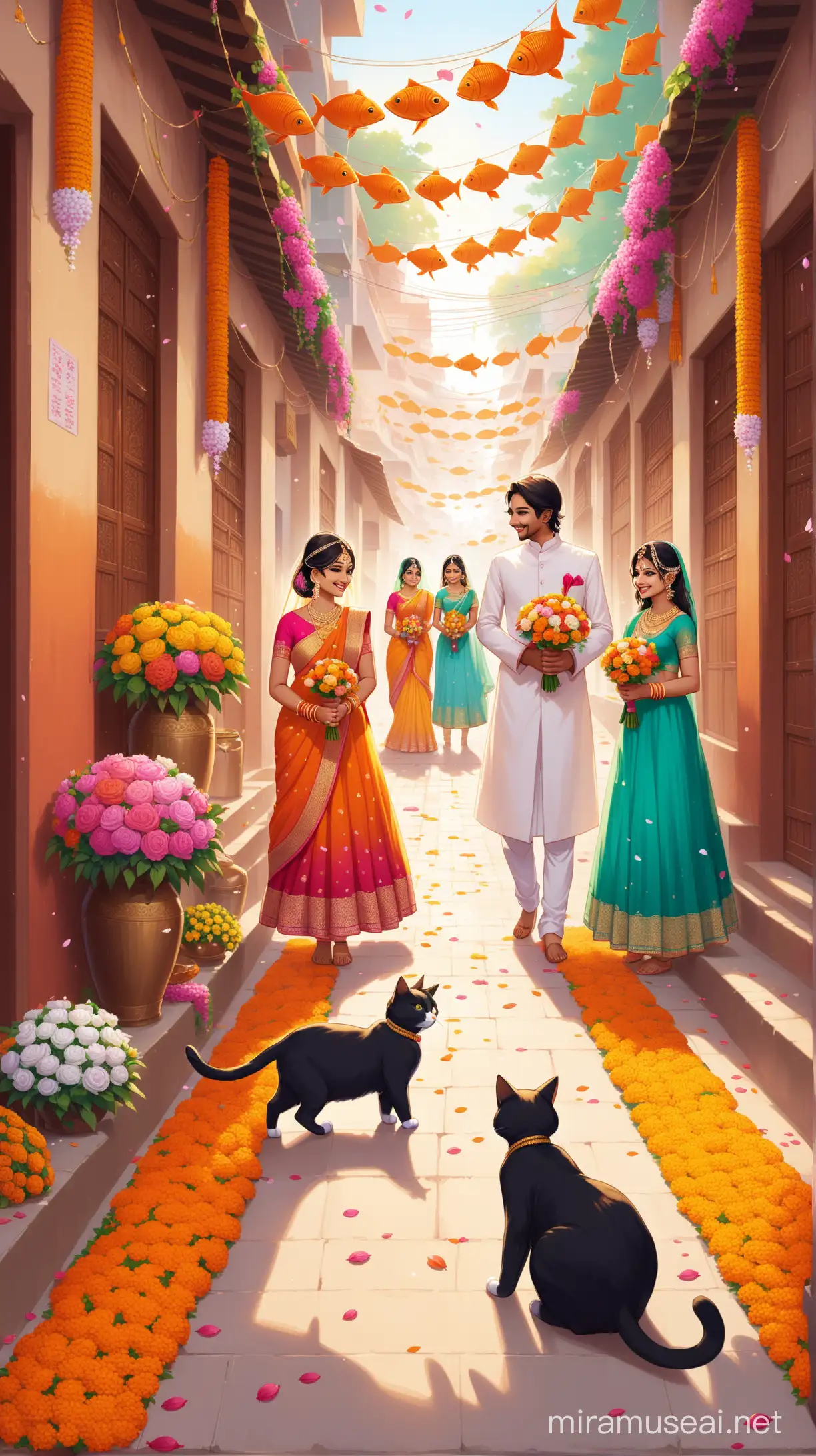 The two cats have a joyful wedding on the Indian street, with plenty of flowers and fish.