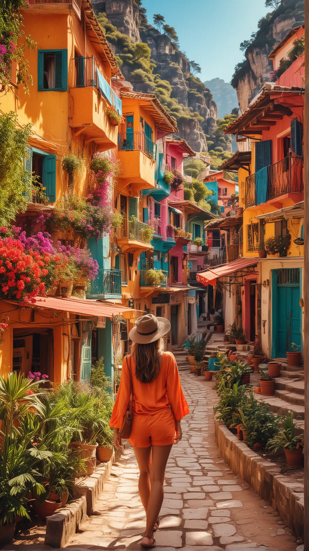 Traveling Girl Admiring Vibrant Scenery with Radiant Colors