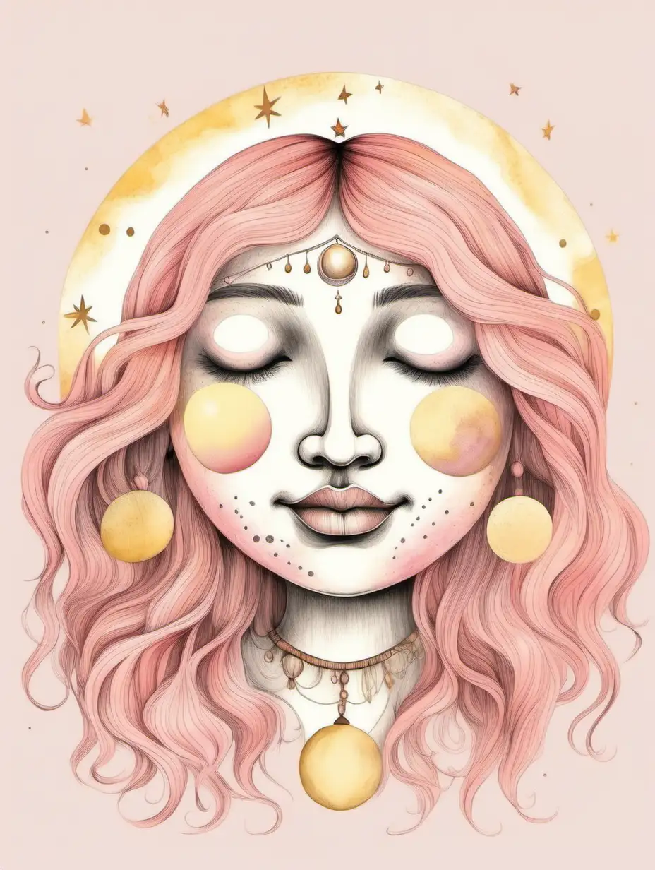drawing of a moon with a face, boho, light shades of pink and yellow, neutral, for a nursery,
Isolated white backgroundbackground