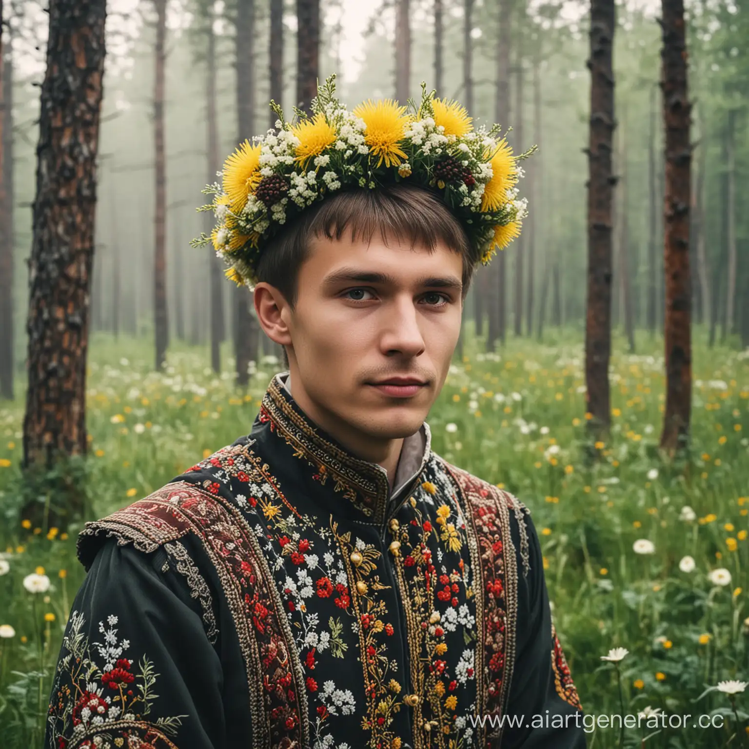Russian-Guy-in-Traditional-Costume-Amidst-Foggy-Fir-Forest