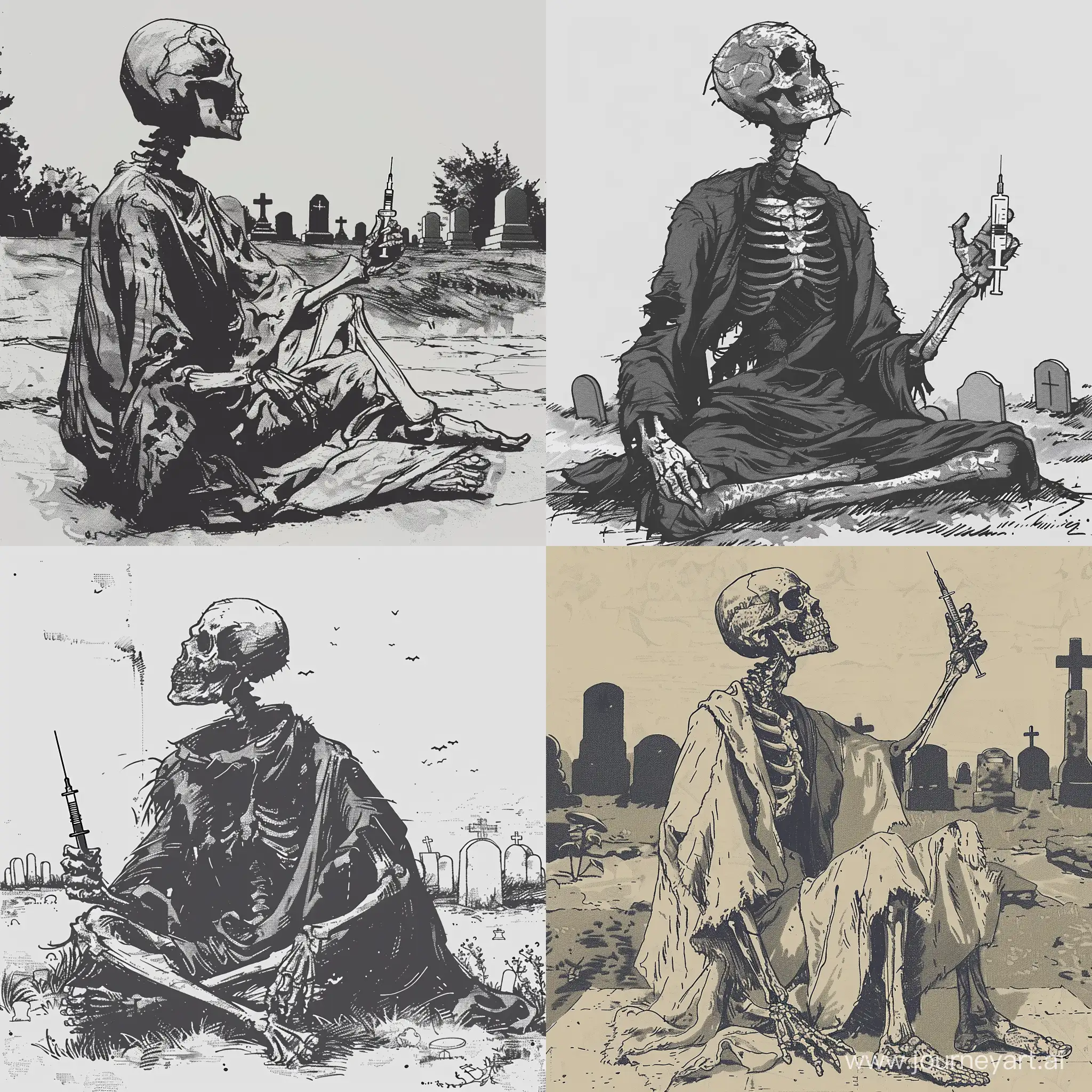 Skeleton, torn robe, cemetery, sitting position, syringe in hand, in a hand-drawn style, against the background of the cemetery
