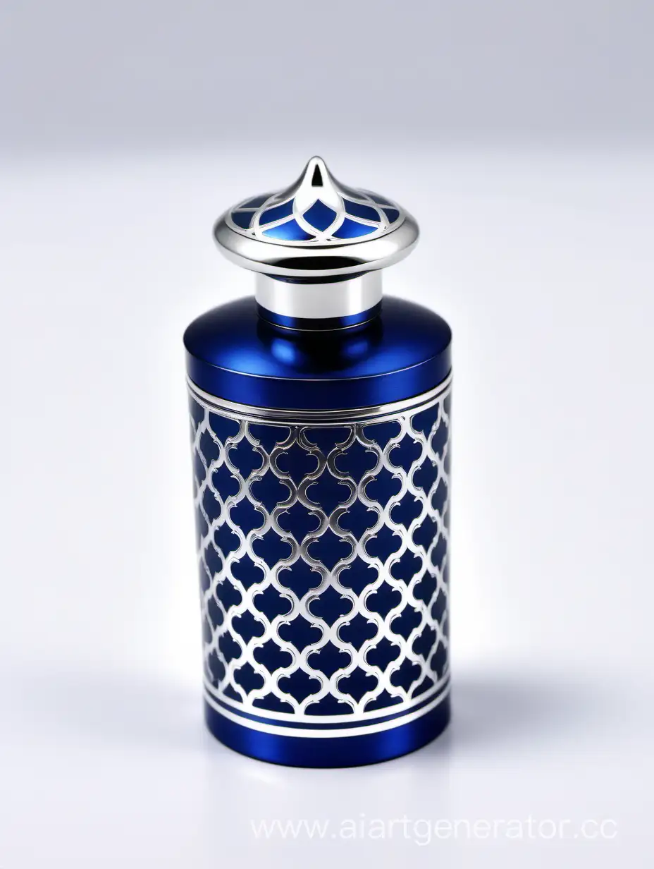 Zamac Perfume decorative ornamental long cap, SHINY DARK BLUE  color with matt WHITE border line arabesque pattern shaped | metallizing finish