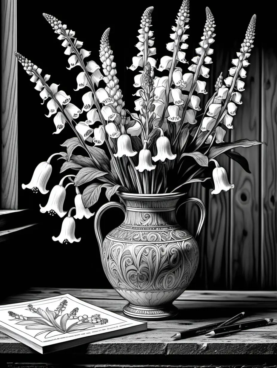 clean black and white, intricate, adult coloring page, white background, irish vase containing foxglove, cowslips, shamrocks, primrose, and bog rosemary sitting on a rough wooden table with a wood-paneled wall and clean black and white, intricate, adult coloring page, flowers from ireland in a vase, white background, sitting on a table in a traditional irish home, 2D line drawing in the background, 2D line drawing