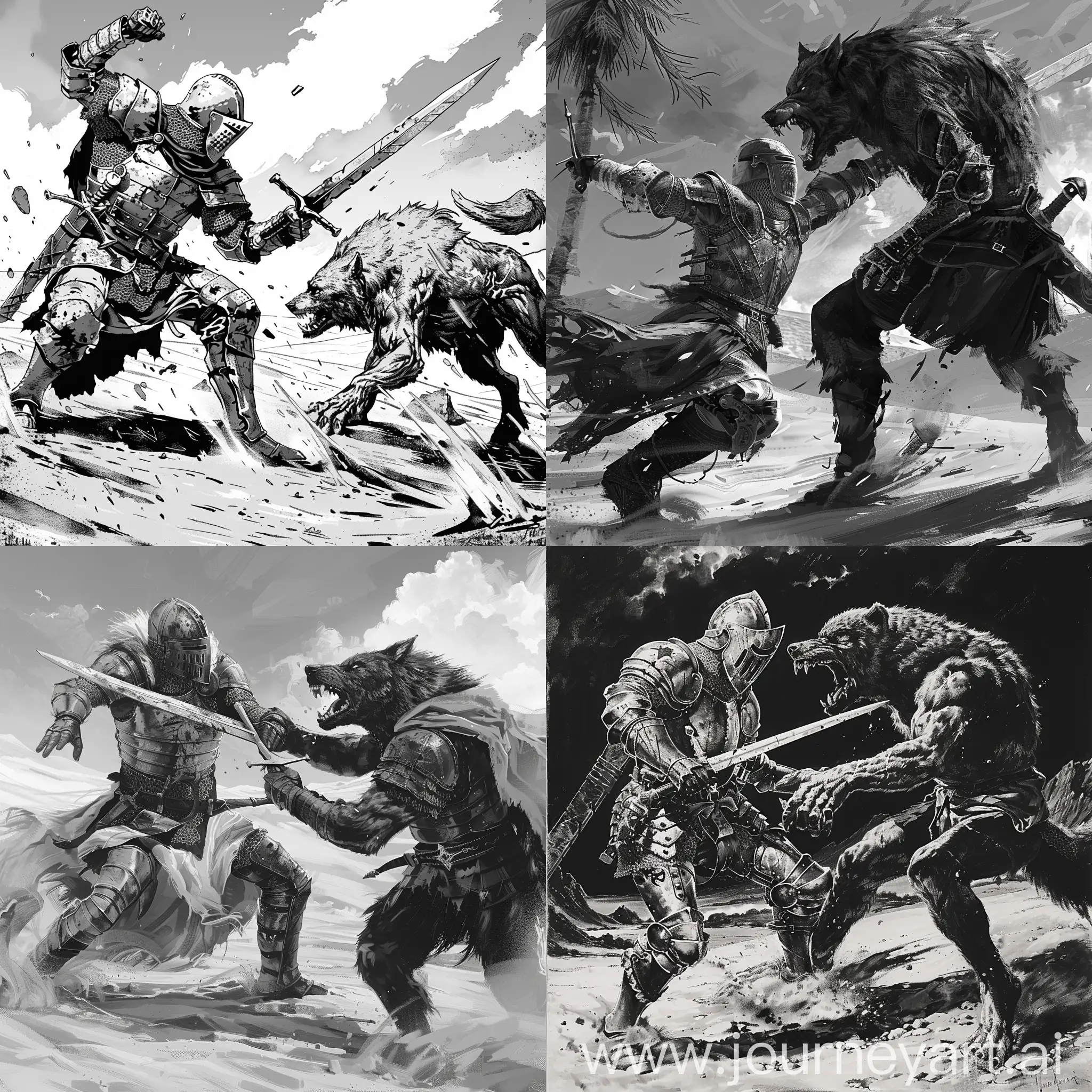 A crusader knight fight with a werewolf at dune, black and white, berserk style