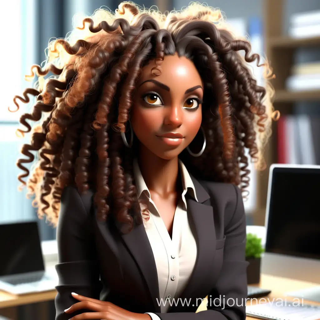 Pretty, black woman, business woman, in her office. Curly hair