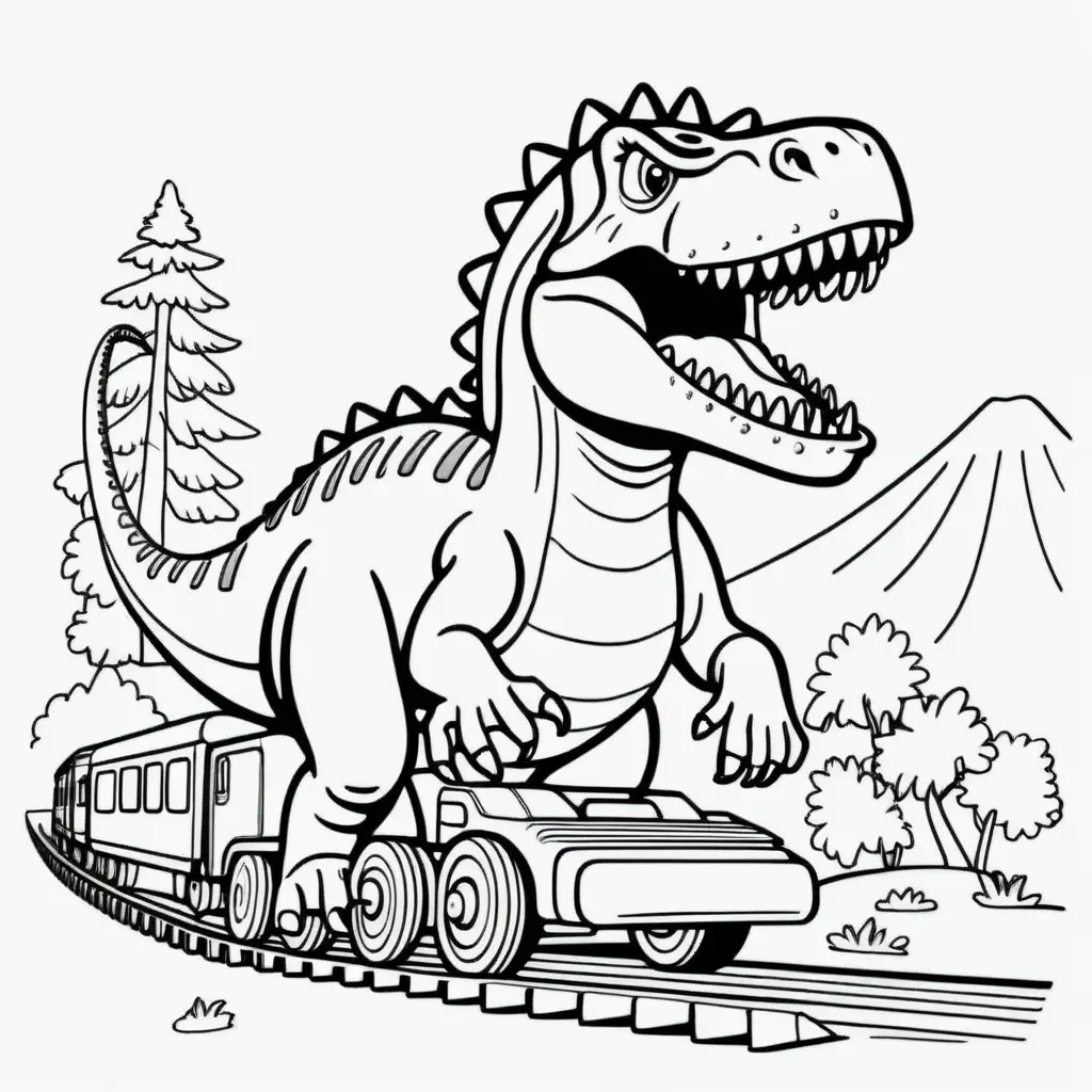 Spinosaurus Playing with Toy Train Coloring Page