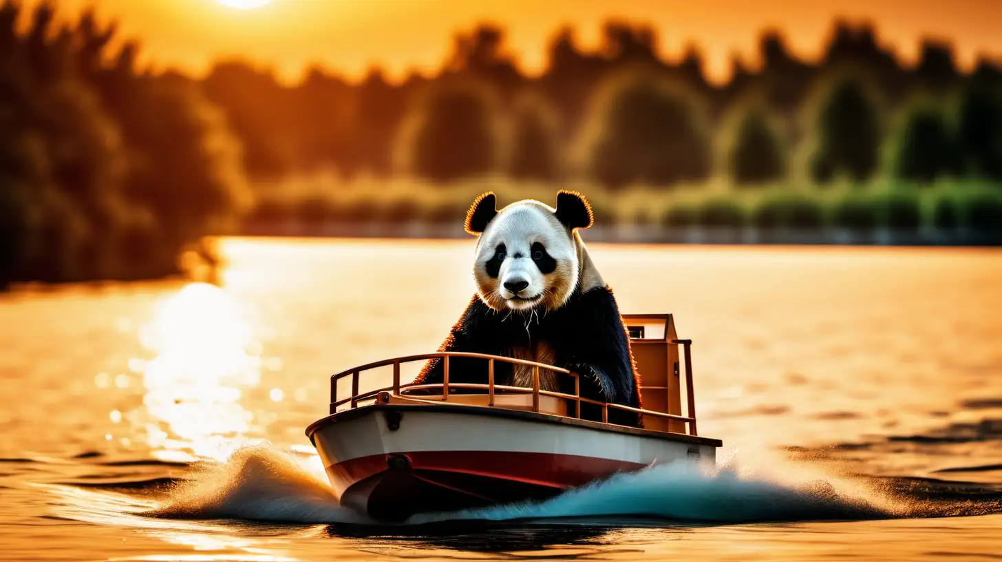 dramatic picture of a panda bear, crusing on a small electric boat into the sunset. golden hour