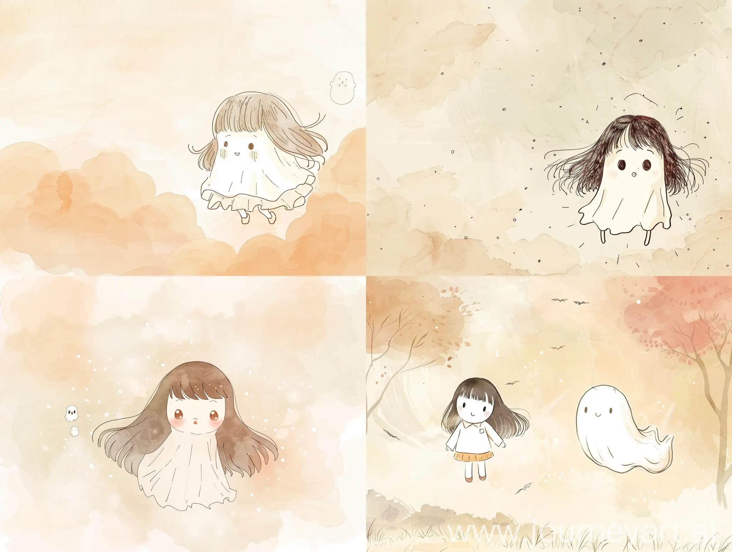 A cute Japanese girl, she is a ghost, floating in the air, bringing back memories of first love and being shy and blushing, looking cute, cartoon anime style, strong lines, spooky background,with neutral colors and low color saturation, in a watercolor style, with a beige illustration, a hand drawn doodle simple minimalistic vector art drawing, like a children's book illustration, with a flat design using solid shapes and soft muted tones with no outlines.in a watercolor style, with a beige illustration, a hand drawn doodle simple minimalistic vector art drawing, like a children's book illustration, with a flat design using solid shapes and soft muted tones with no outlines.