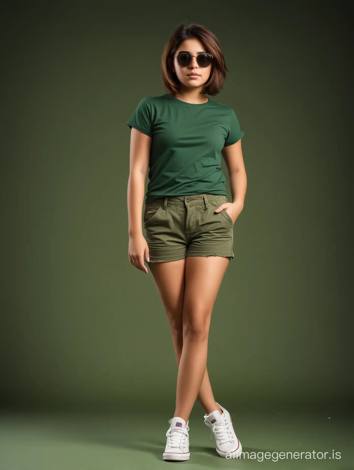 iranian a little fat teenage girl, wearing green T-shirt and green short pants, white converse, brown short hair, black sun glasses, full body shot, fantasy cream solid background, dramatic lighting