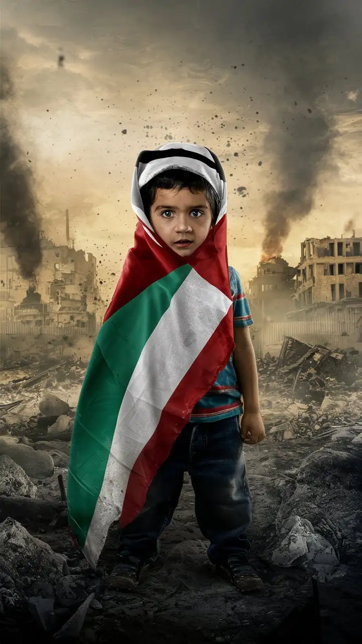 a kid wearing a palestine flag in the middle of a warzone with meaningful représentation of perseverance, resistance and future peace