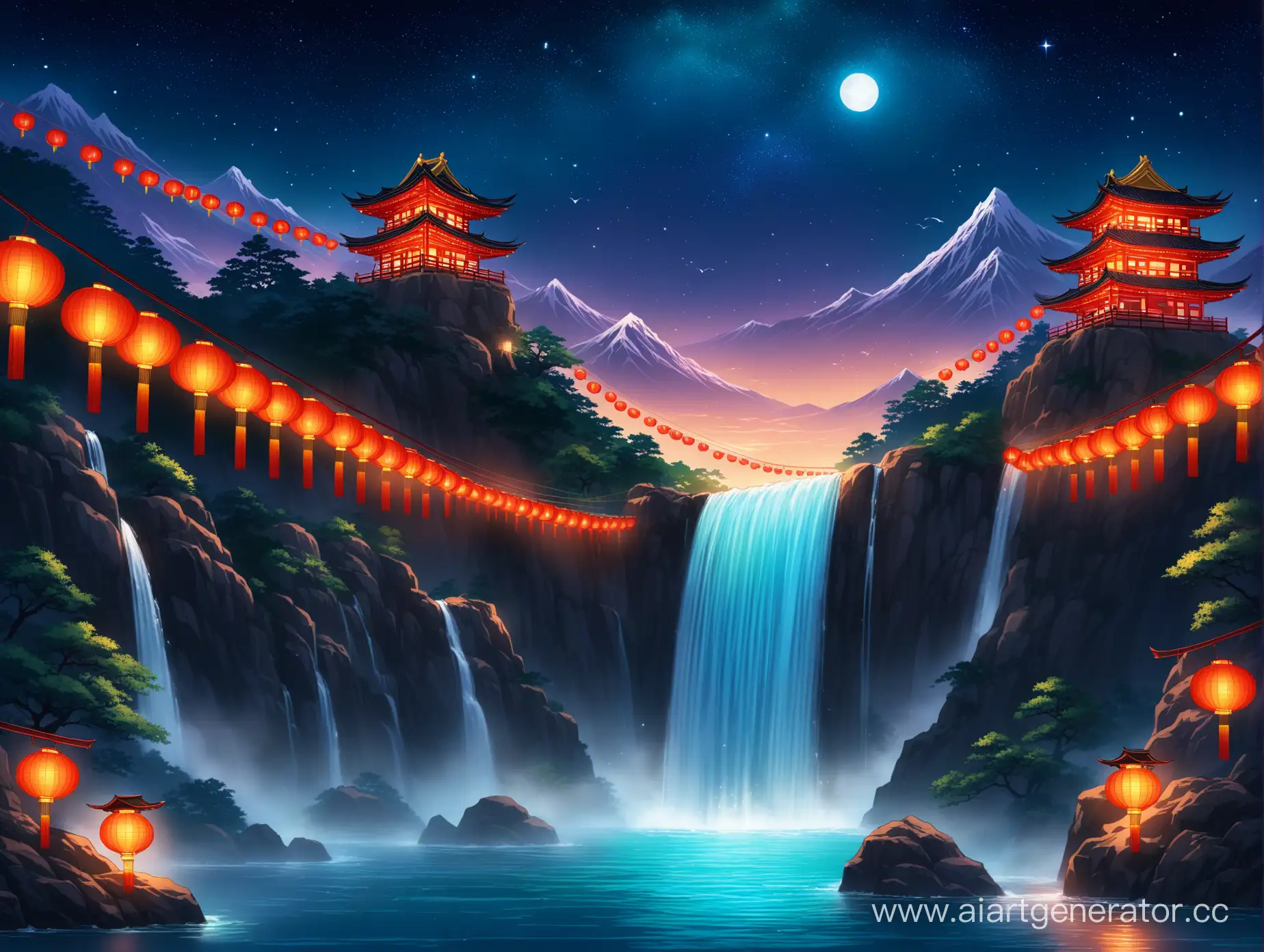 Japanese-Style-Nighttime-Waterfall-Scene-with-Chinese-Lanterns