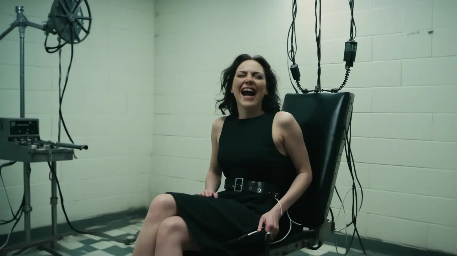 Woman in Black Cocktail Dress Laughing in Electric Chair Execution Room