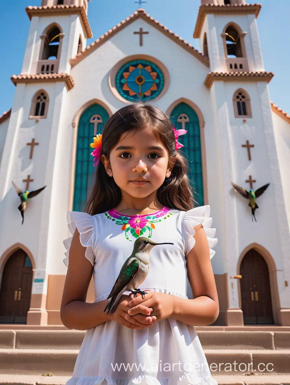 Mexican-Girl-with-Hummingbird-in-Front-of-Traditional-Church