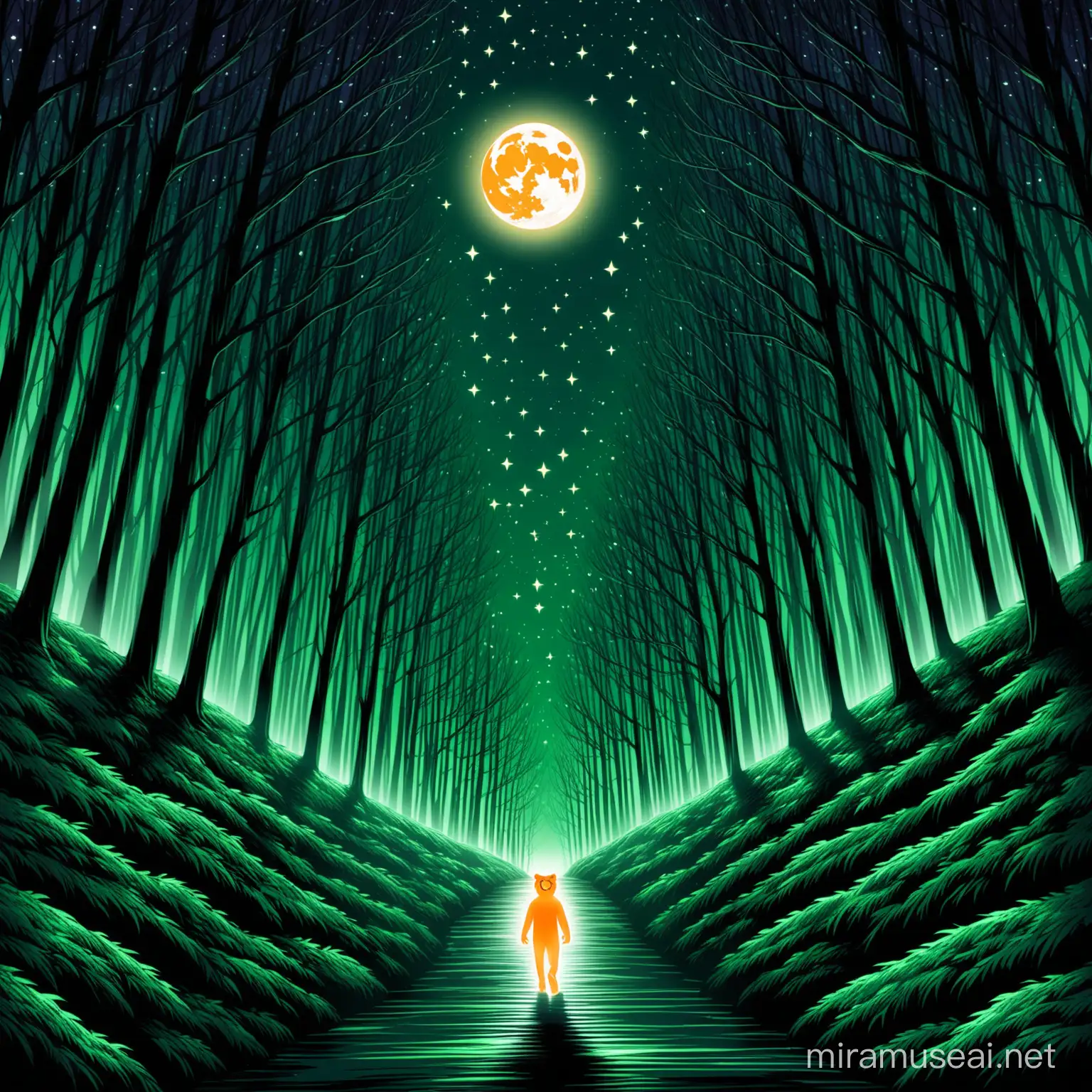 Ghost-Tiger
appreance- orange transparent  skin white white symmetical stripes/full body/ walking down hill towards river/determined-confinedent
background- night/ noir forest/ river/stars/ cresent twilight moon green 
