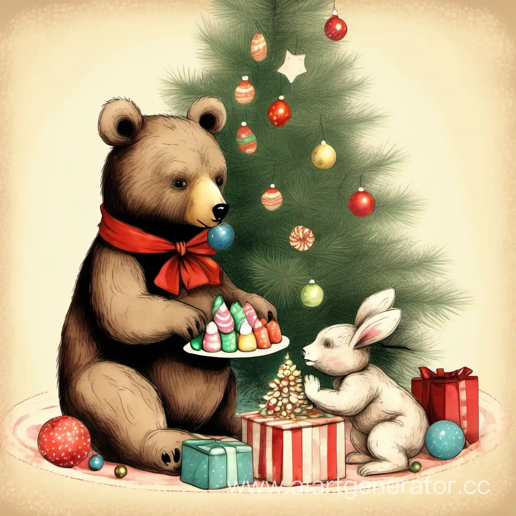 Adorable-Bear-Cub-and-Bunny-Enjoying-Candies-Under-a-Festive-Christmas-Tree