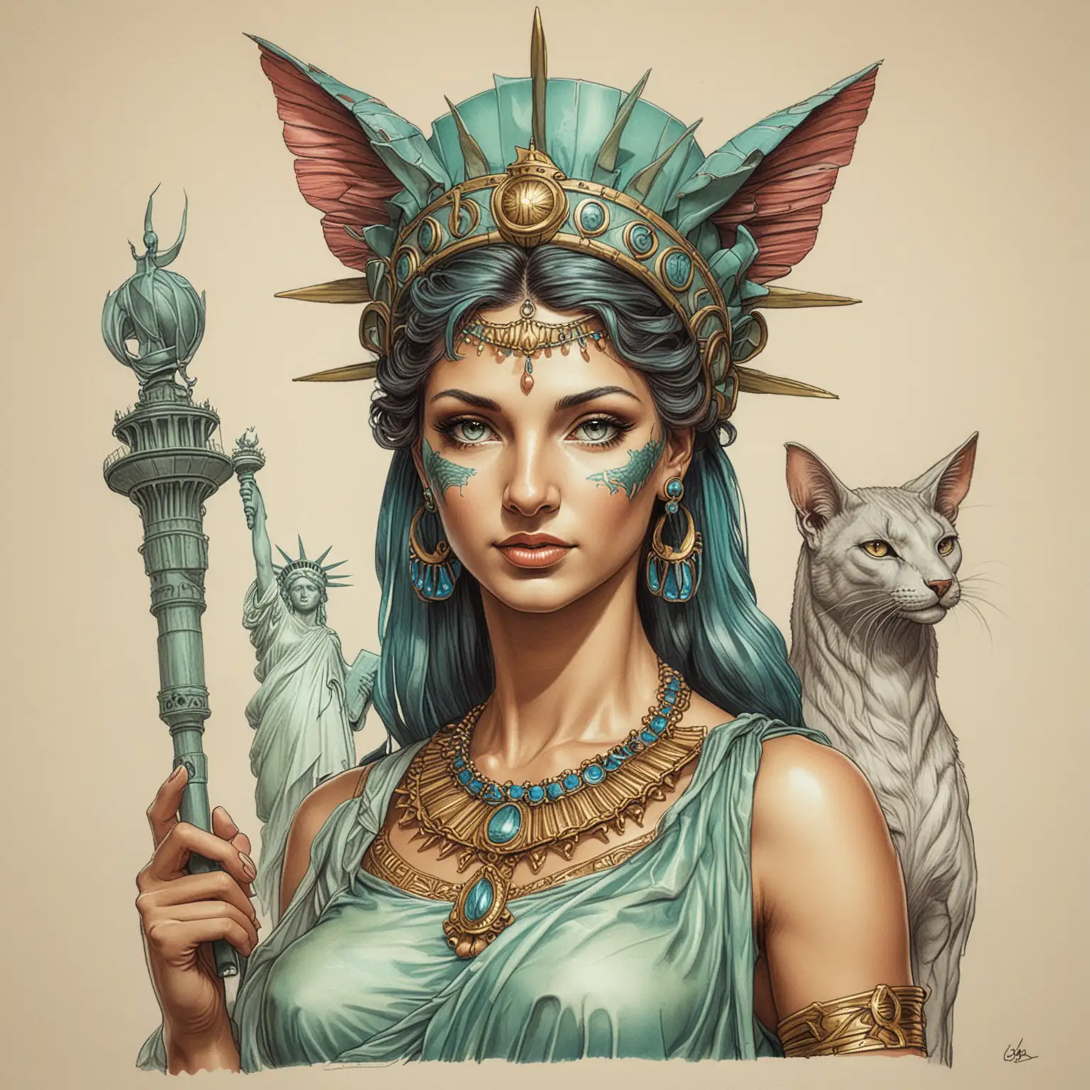 Vibrant Drawing of Lady Liberty and Bastet in Colorful Harmony