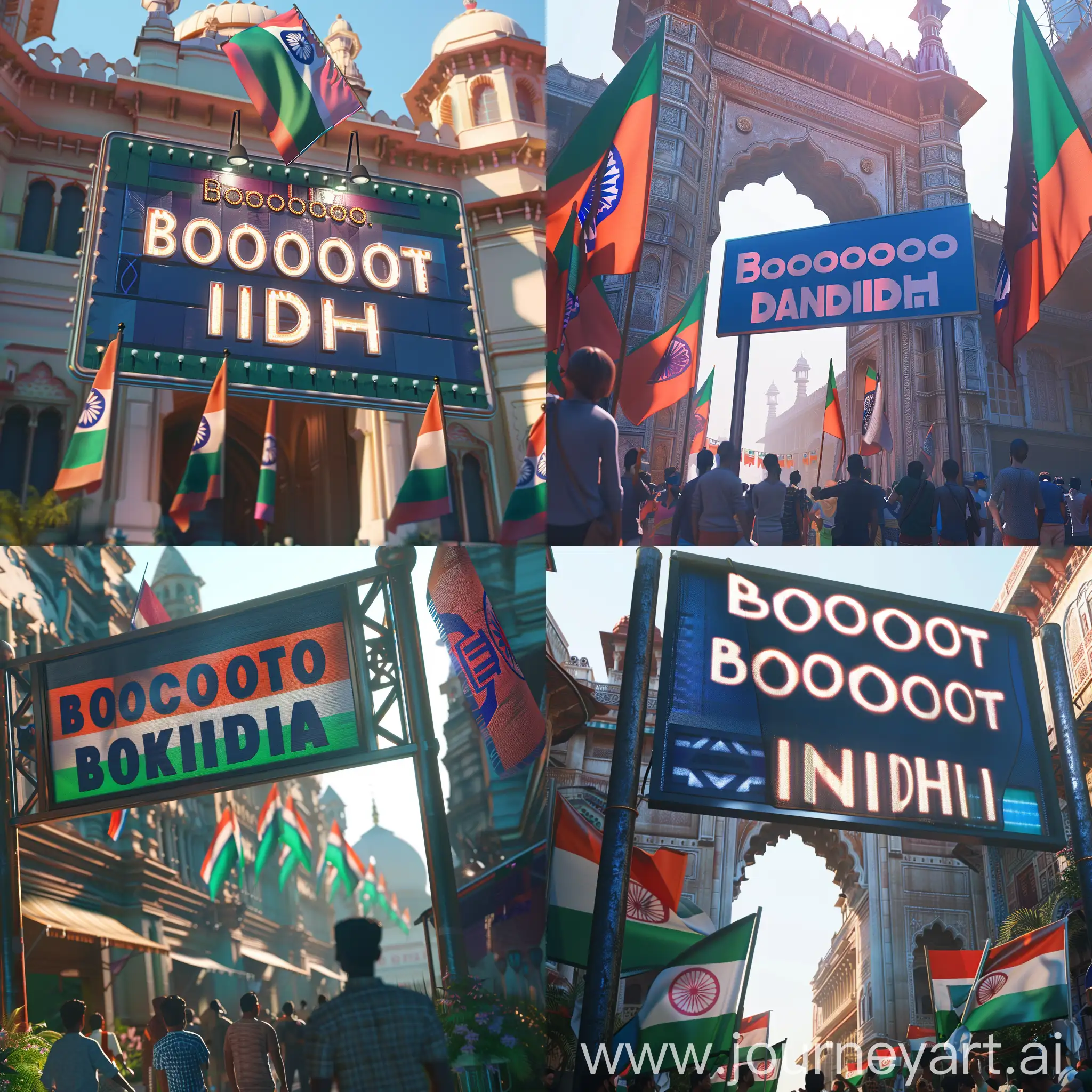 Create an image including the text signage "boycott India" that evokes a huge movement from people of Bangladeshi with Bangladeshi Flags. Must realistic, Hyper-details, 8k, HDR.