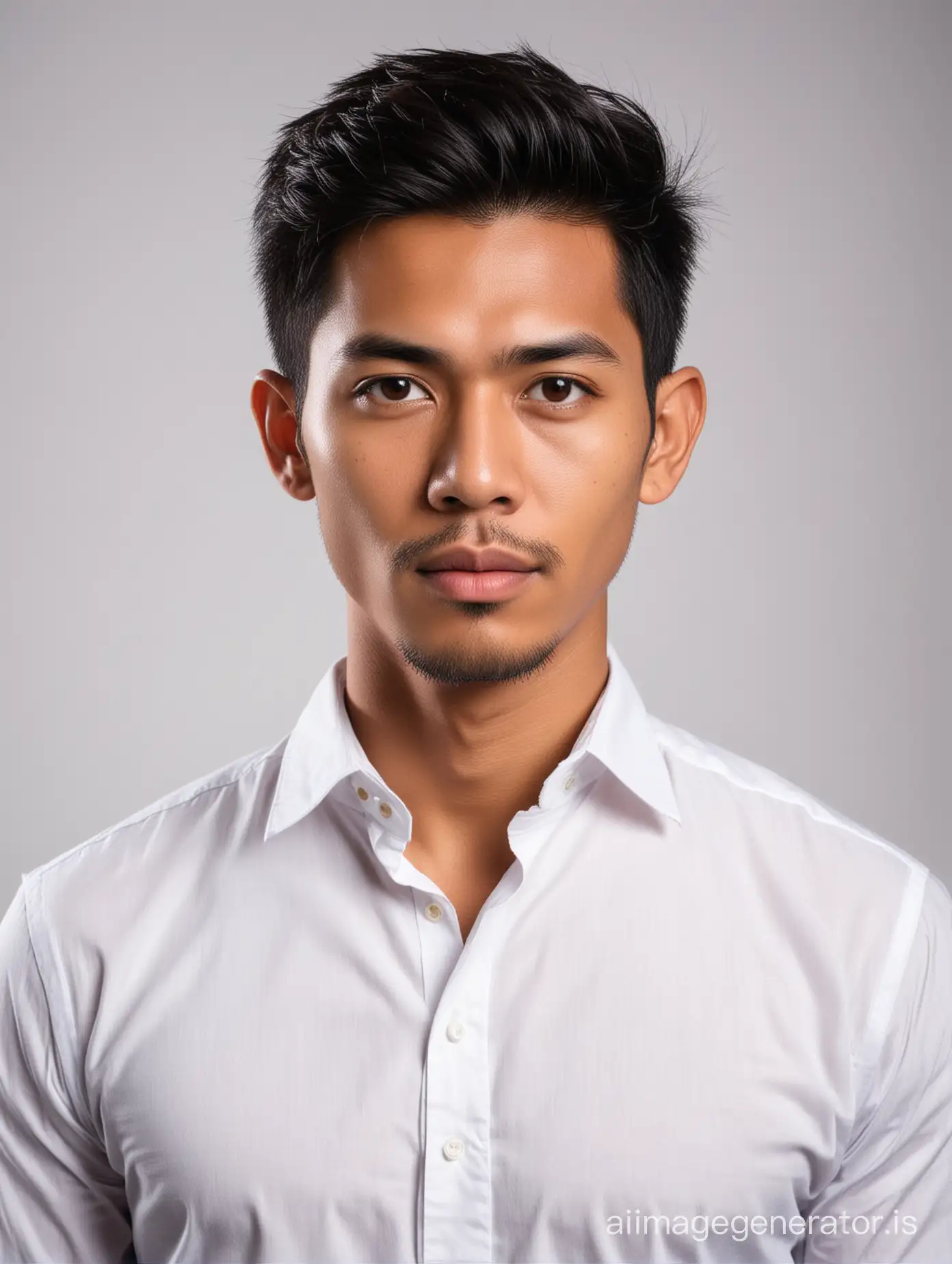 Handsome indonesian man, wearing white long sleeve shirt, posing for a passport photo.  Head straight looking at the camera. Serious face.