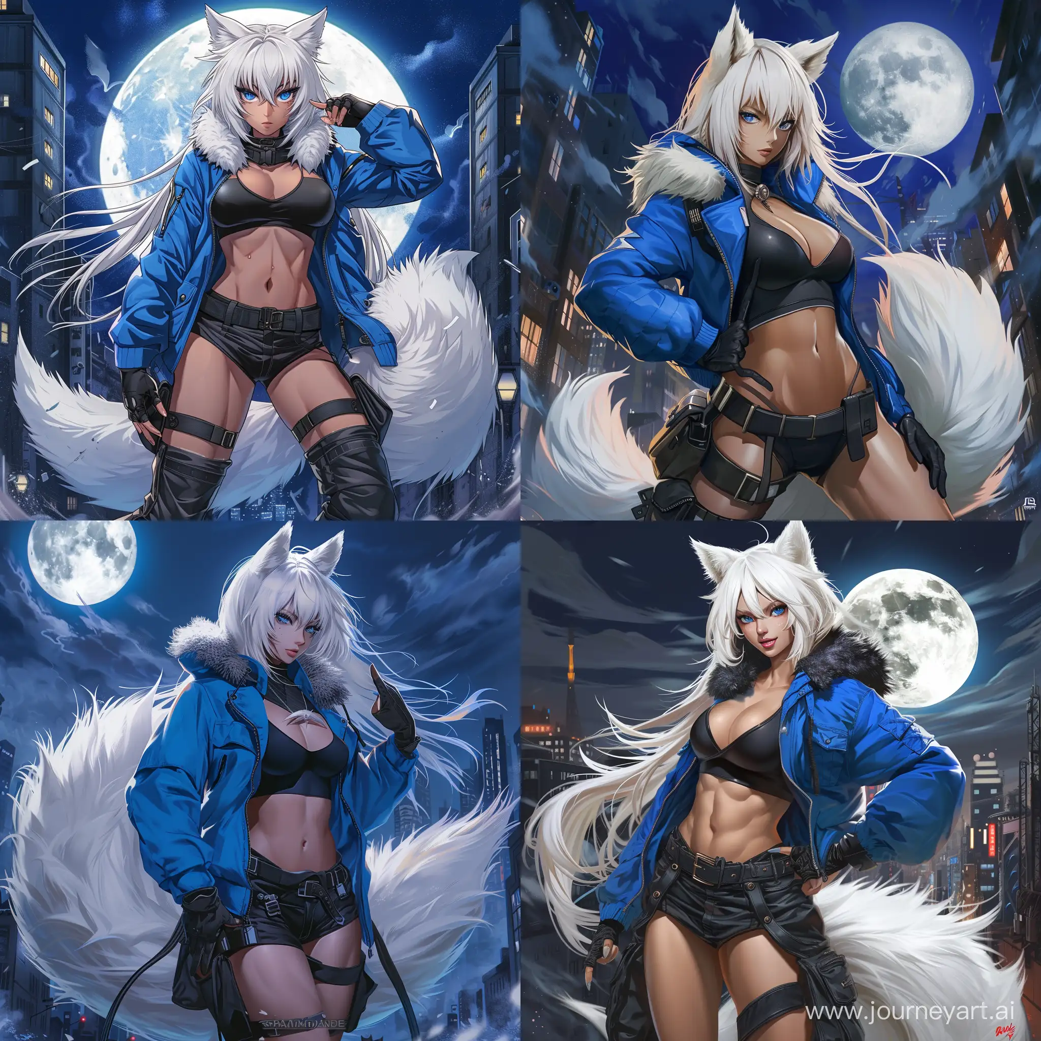 anime-style, full body, athletic, muscular, tan skin, adult, asian woman, long white hair, white fox ears, white fox tail attached to her waist, fierce blue eyes, blue jacket, black leotard, baggy black cargo pants, black boots, fingerless black leather gloves, dynamic, city, night, full moon, fur collar
