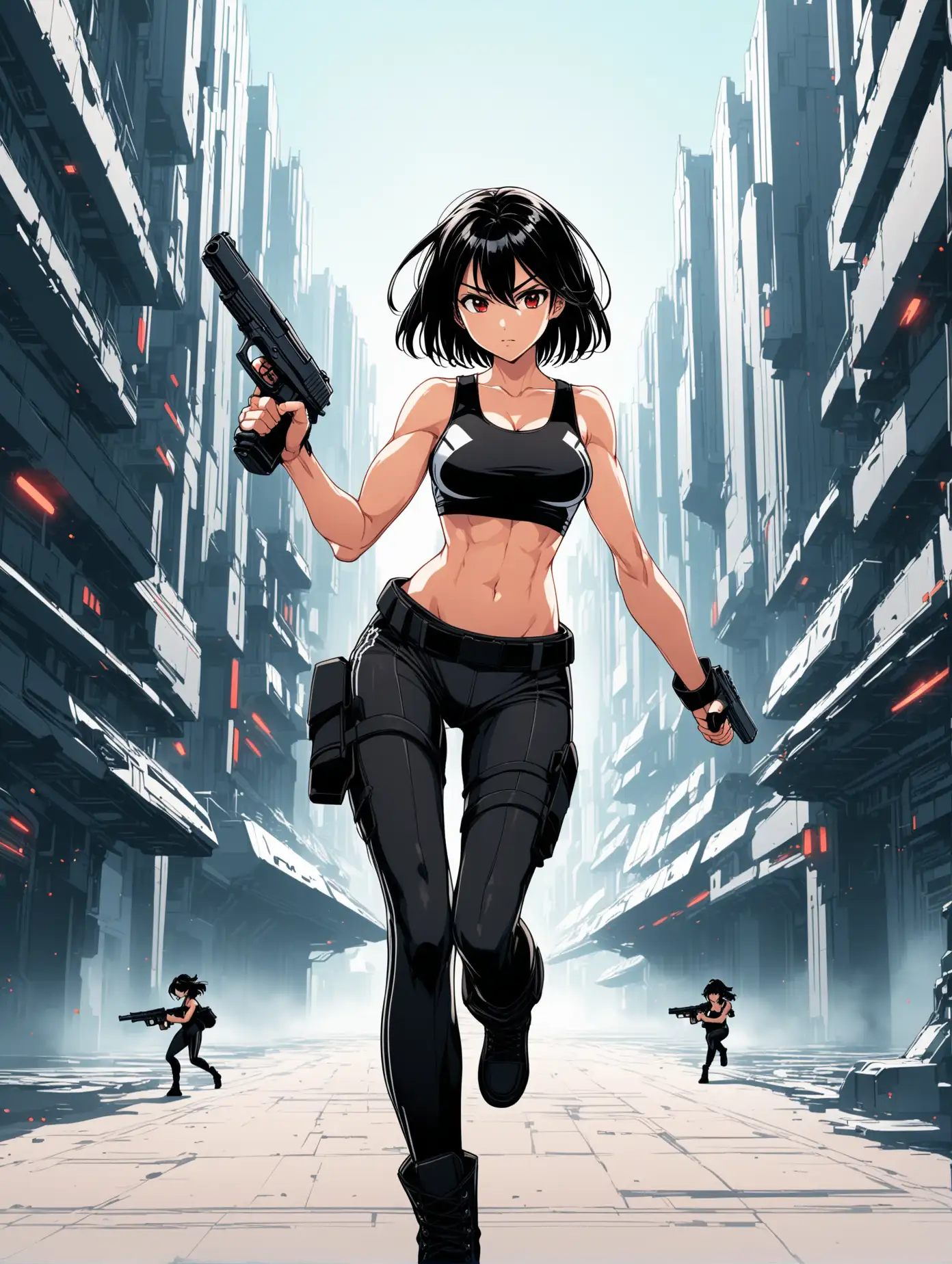 sexy fit 24 year old anime hero girl, short chin length black hair, firing handguns in each hand in futuristic town, toned body, black tank top, black pants, combat boots, red black white 3 color minimal design